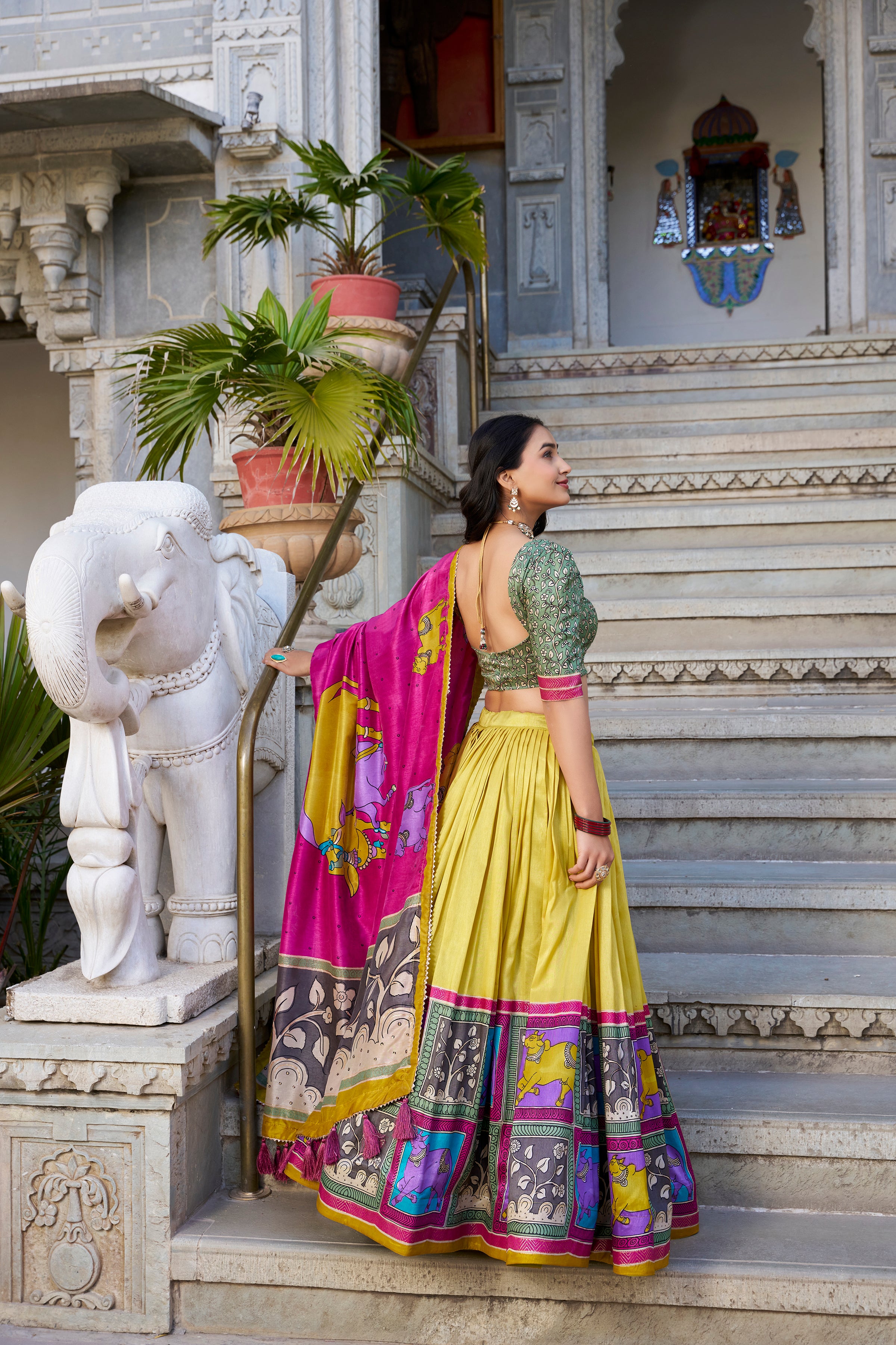 Mustard Color Tussar Silk Kalamkari Printed Lehenga Choli