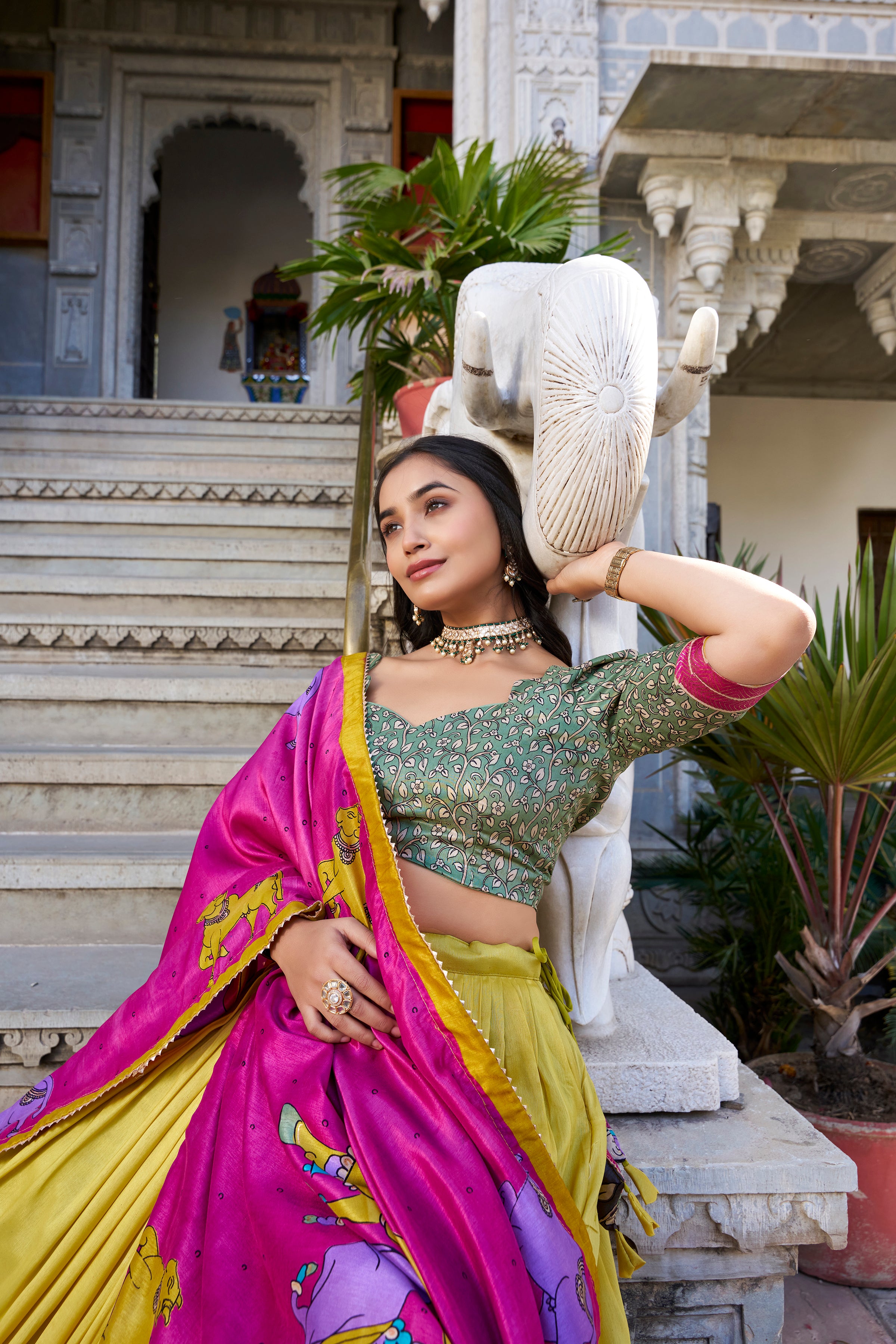 Mustard Color Tussar Silk Kalamkari Printed Lehenga Choli
