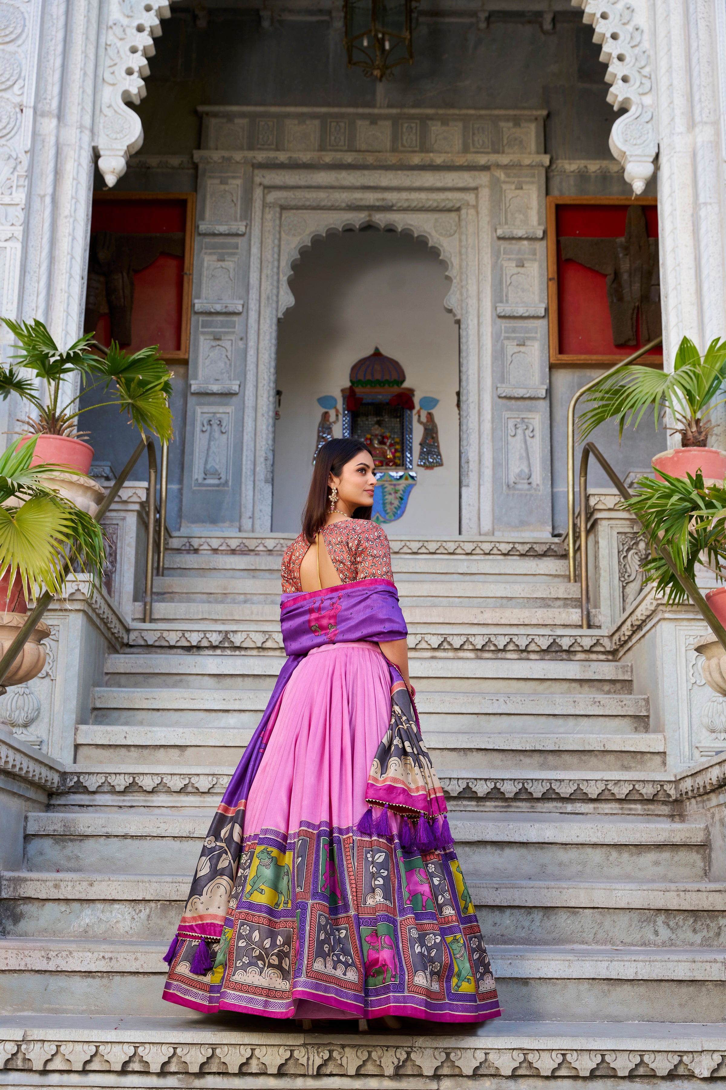 Peach Color Tussar Silk Kalamkari Printed Lehenga Choli