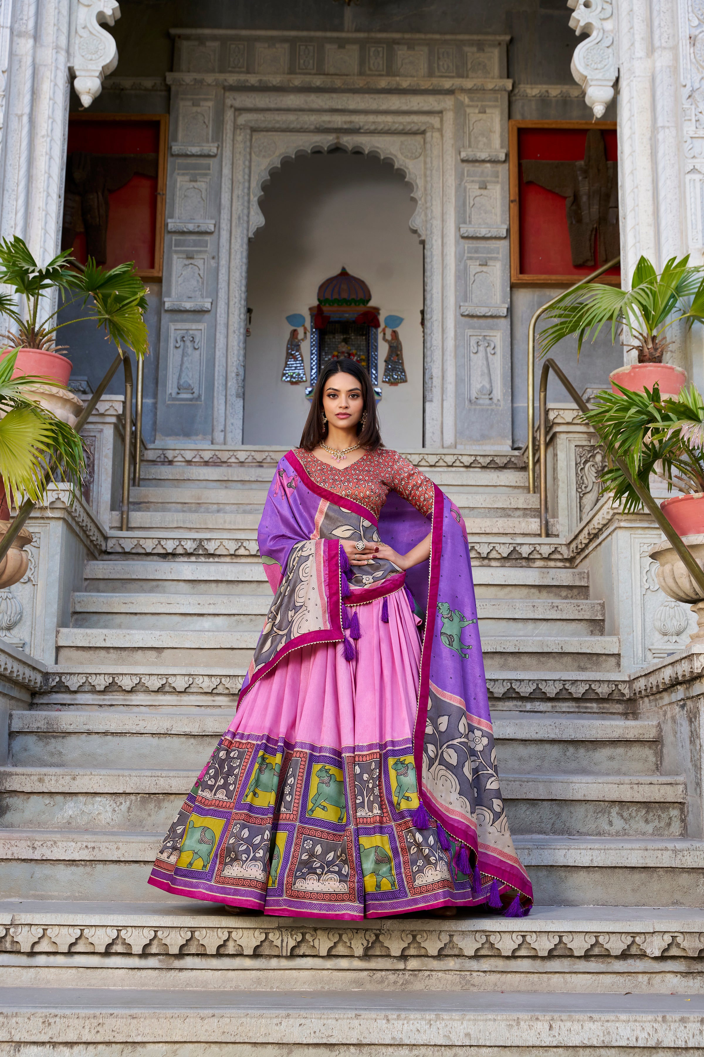Peach Color Tussar Silk Kalamkari Printed Lehenga Choli