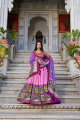 Peach Color Tussar Silk Kalamkari Printed Lehenga Choli