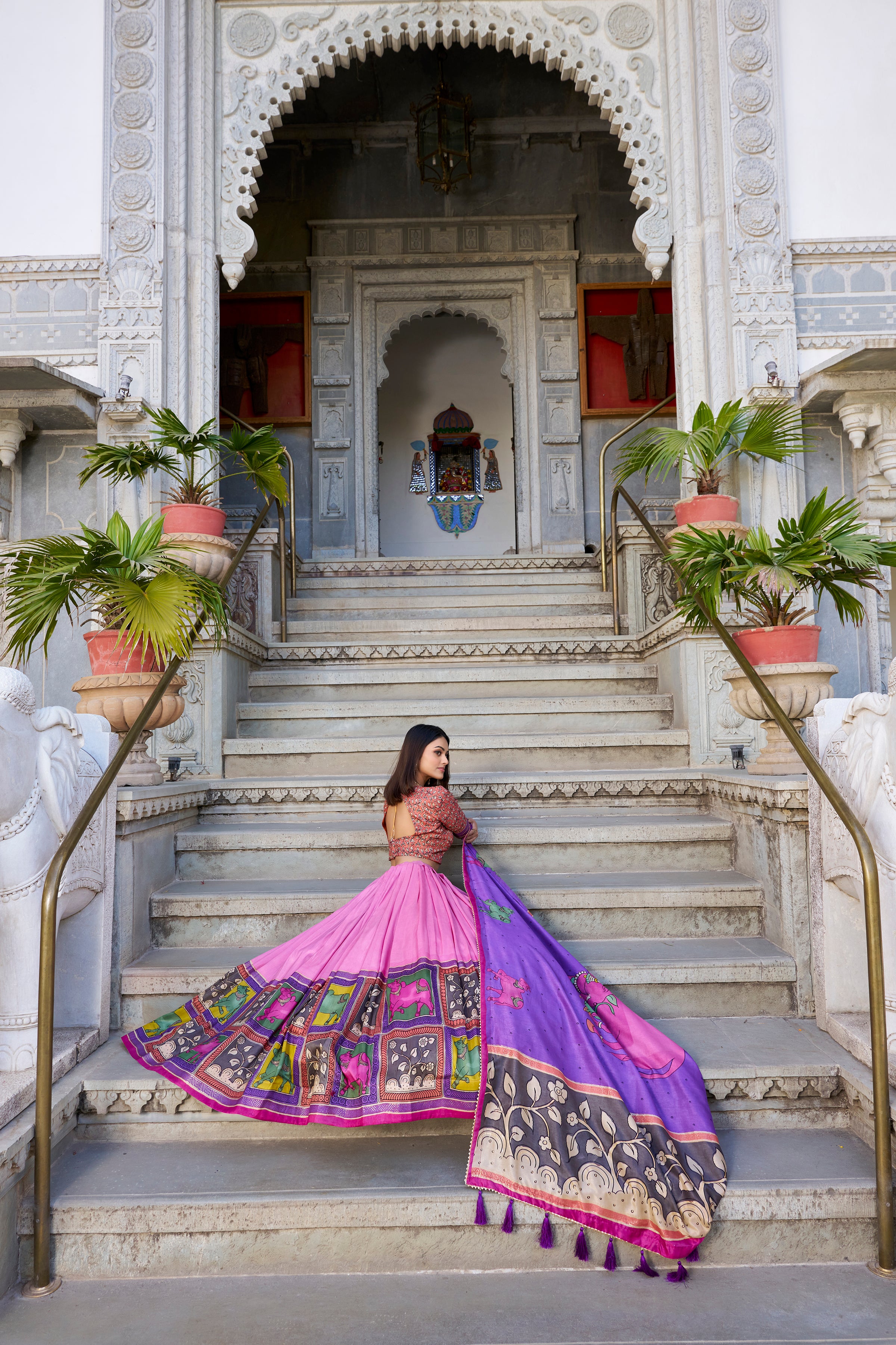 Peach Color Tussar Silk Kalamkari Printed Lehenga Choli