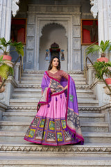 Peach Color Tussar Silk Kalamkari Printed Lehenga Choli