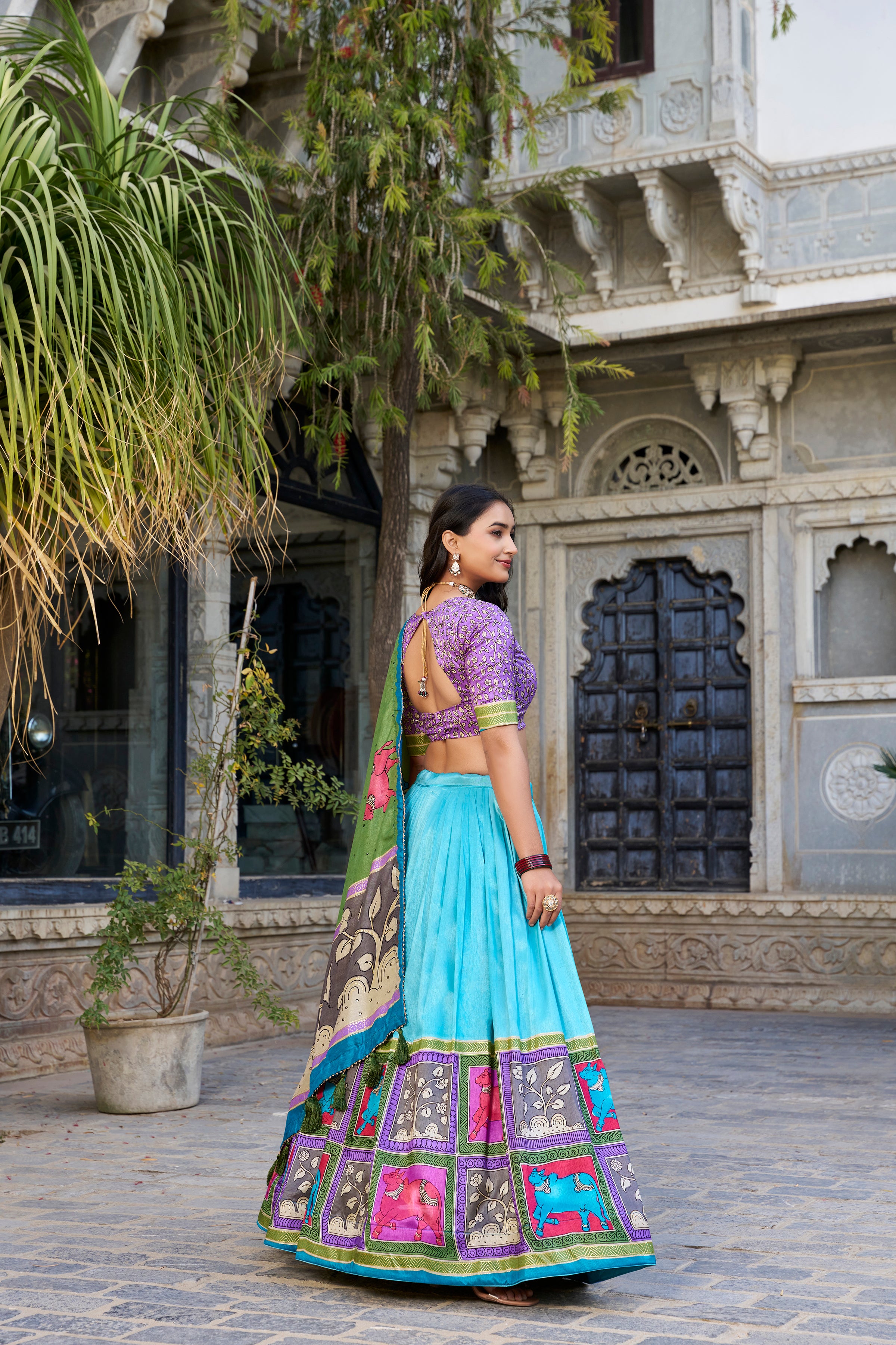Sea Green Color Tussar Silk Kalamkari Printed Lehenga Choli