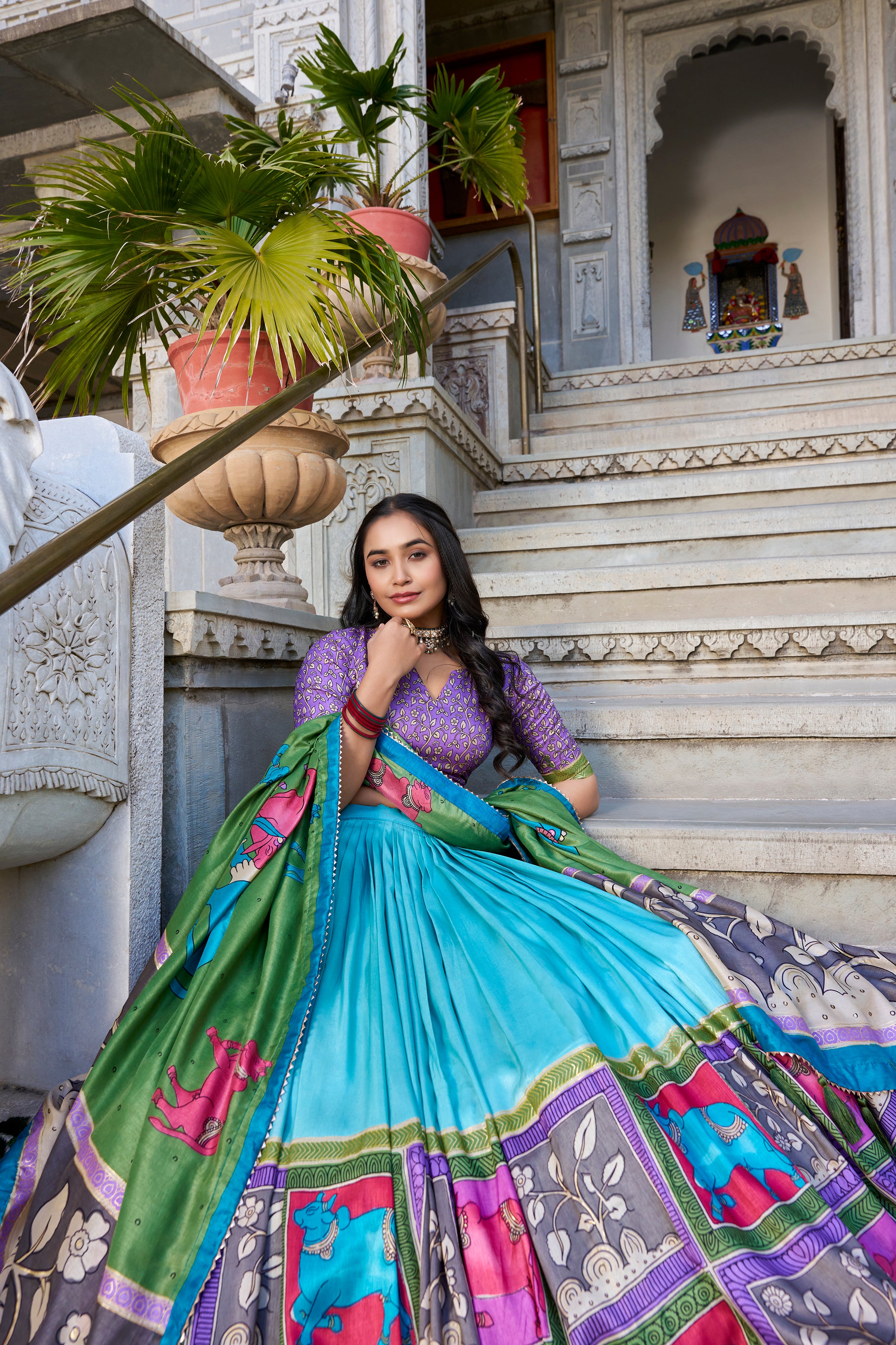 Sea Green Color Tussar Silk Kalamkari Printed Lehenga Choli