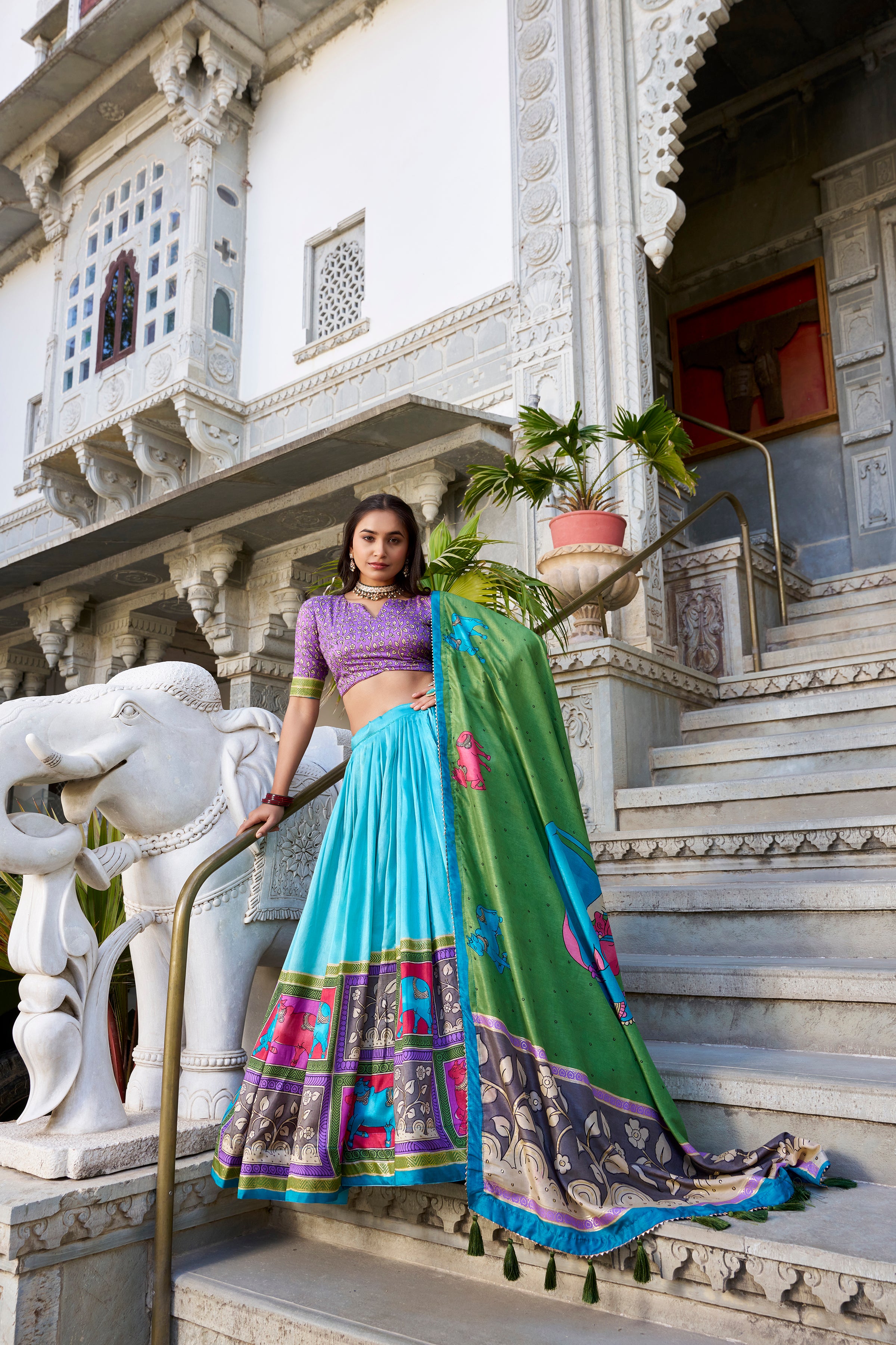 Sea Green Color Tussar Silk Kalamkari Printed Lehenga Choli