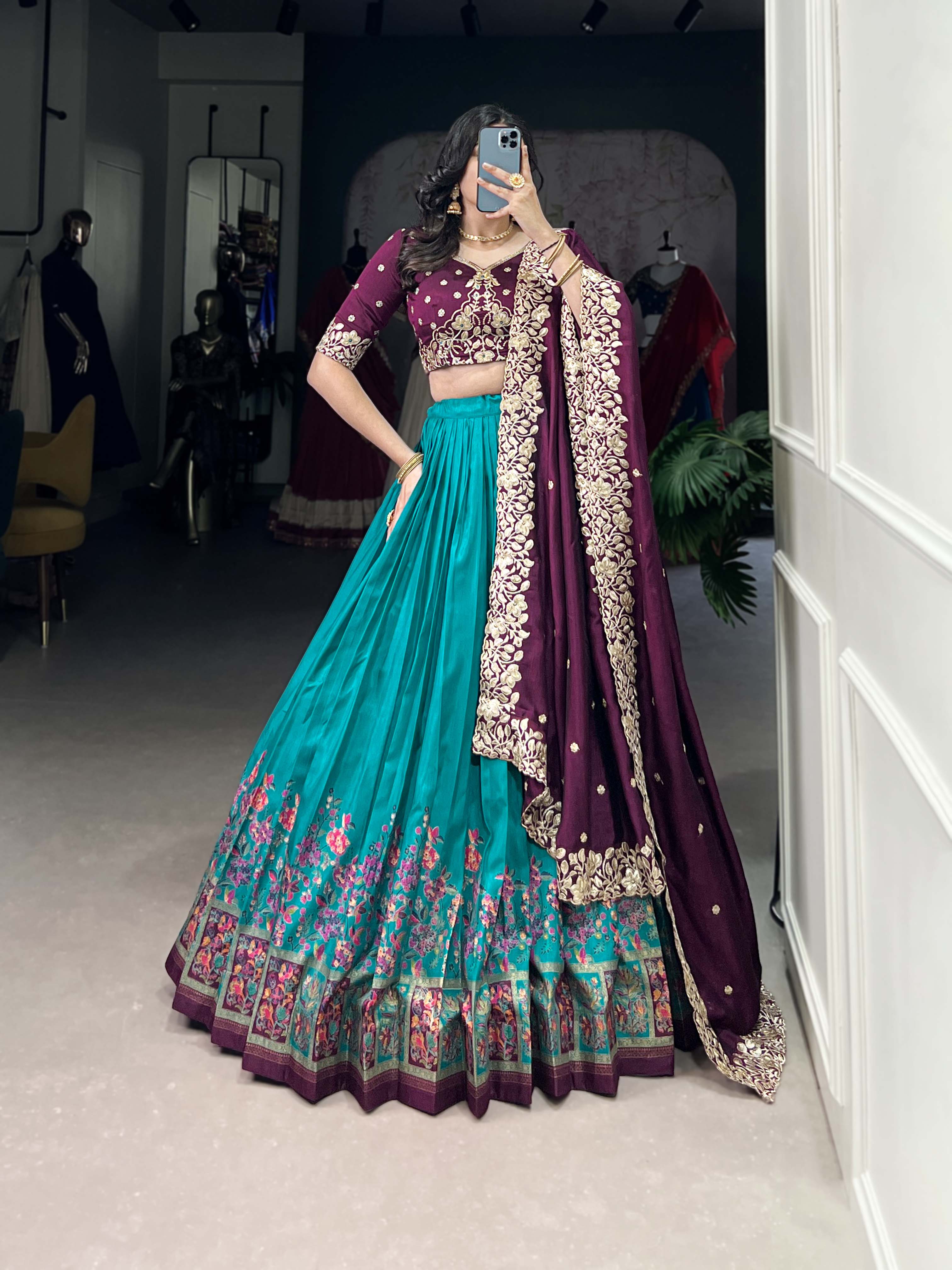 DESIGNER TUSSAR SILK PRINTED LEHENGA SET WITH EMBROIDERED BLOUSE AND DUPATTA