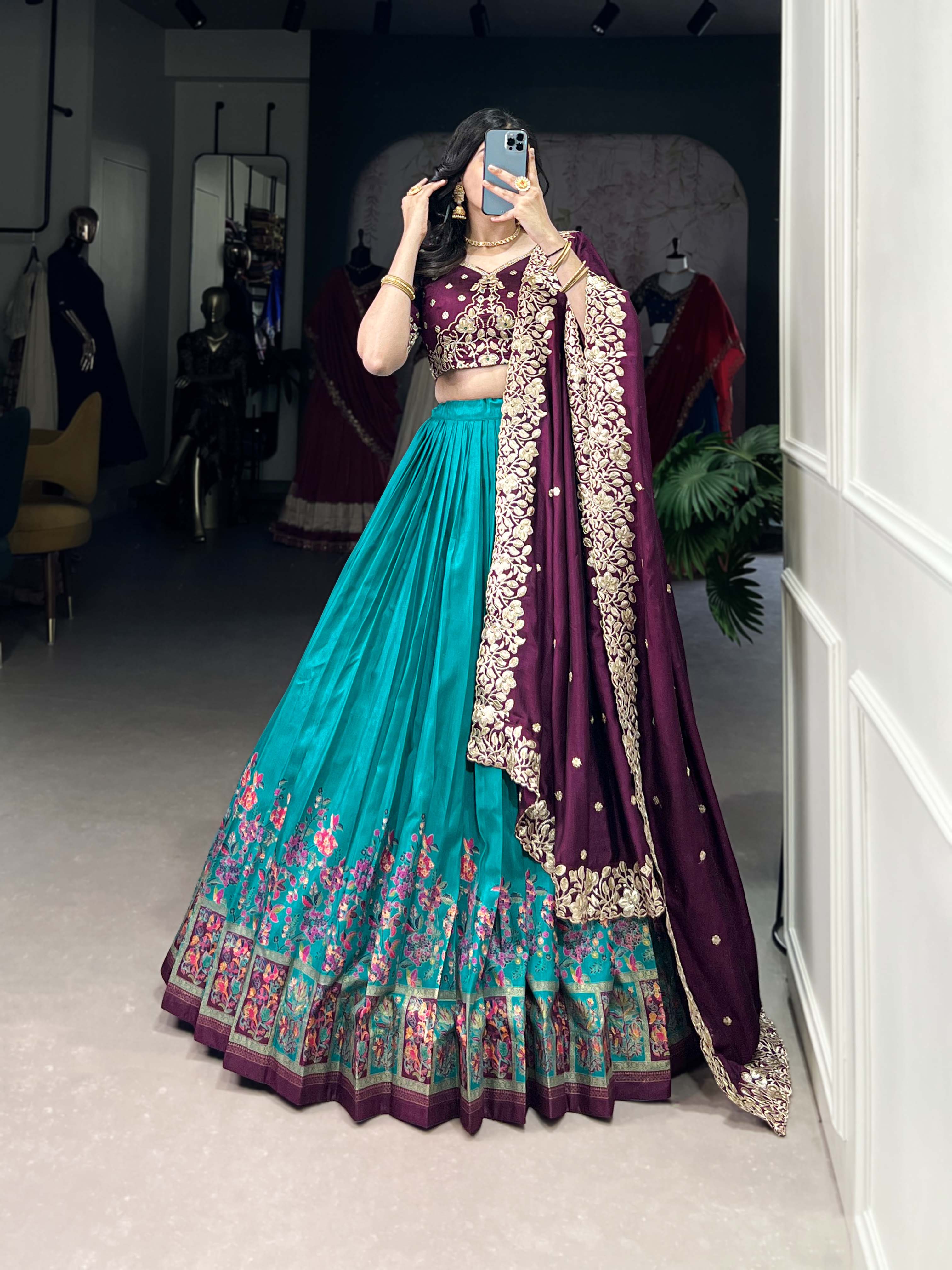 DESIGNER TUSSAR SILK PRINTED LEHENGA SET WITH EMBROIDERED BLOUSE AND DUPATTA