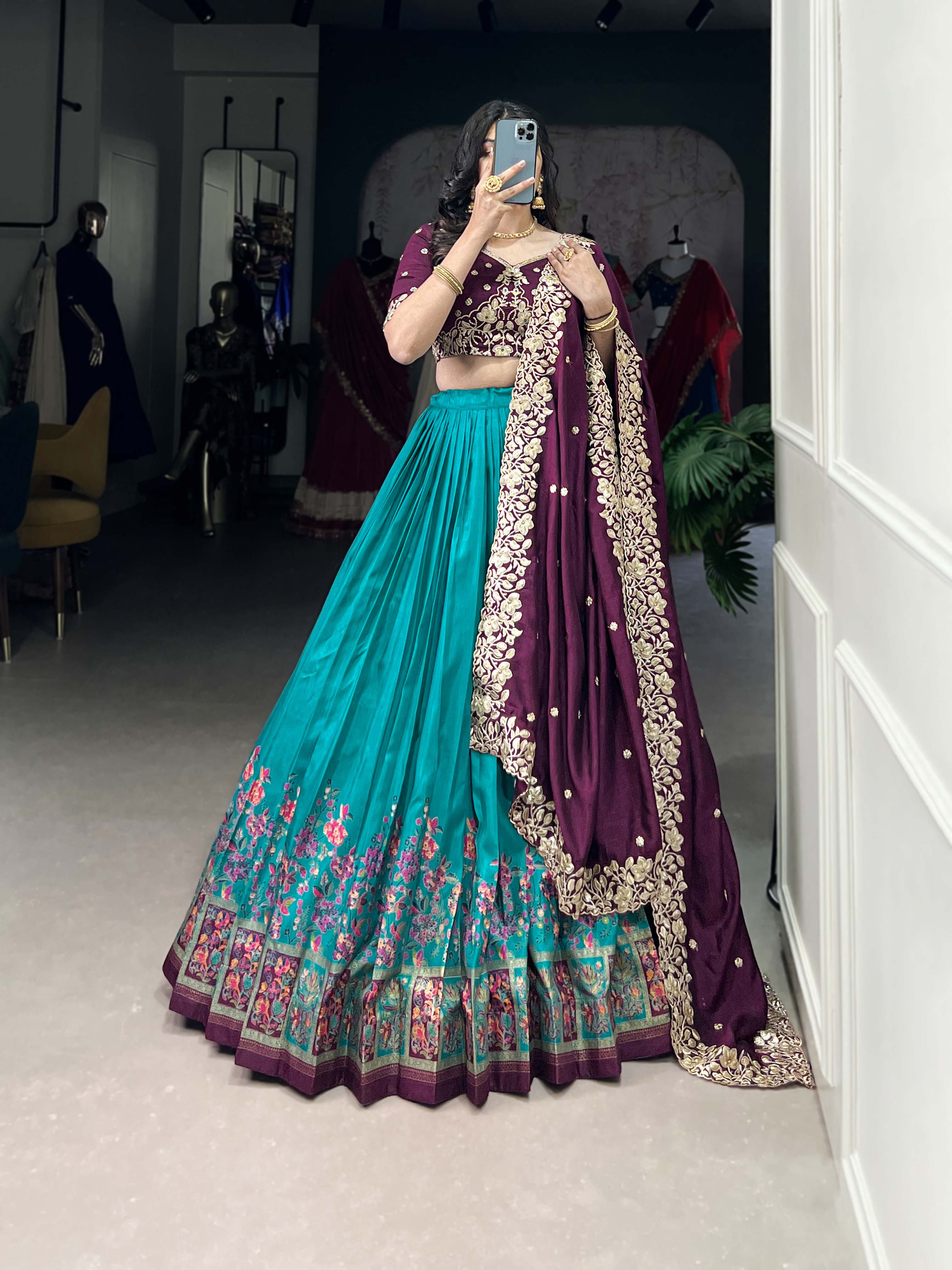 DESIGNER TUSSAR SILK PRINTED LEHENGA SET WITH EMBROIDERED BLOUSE AND DUPATTA