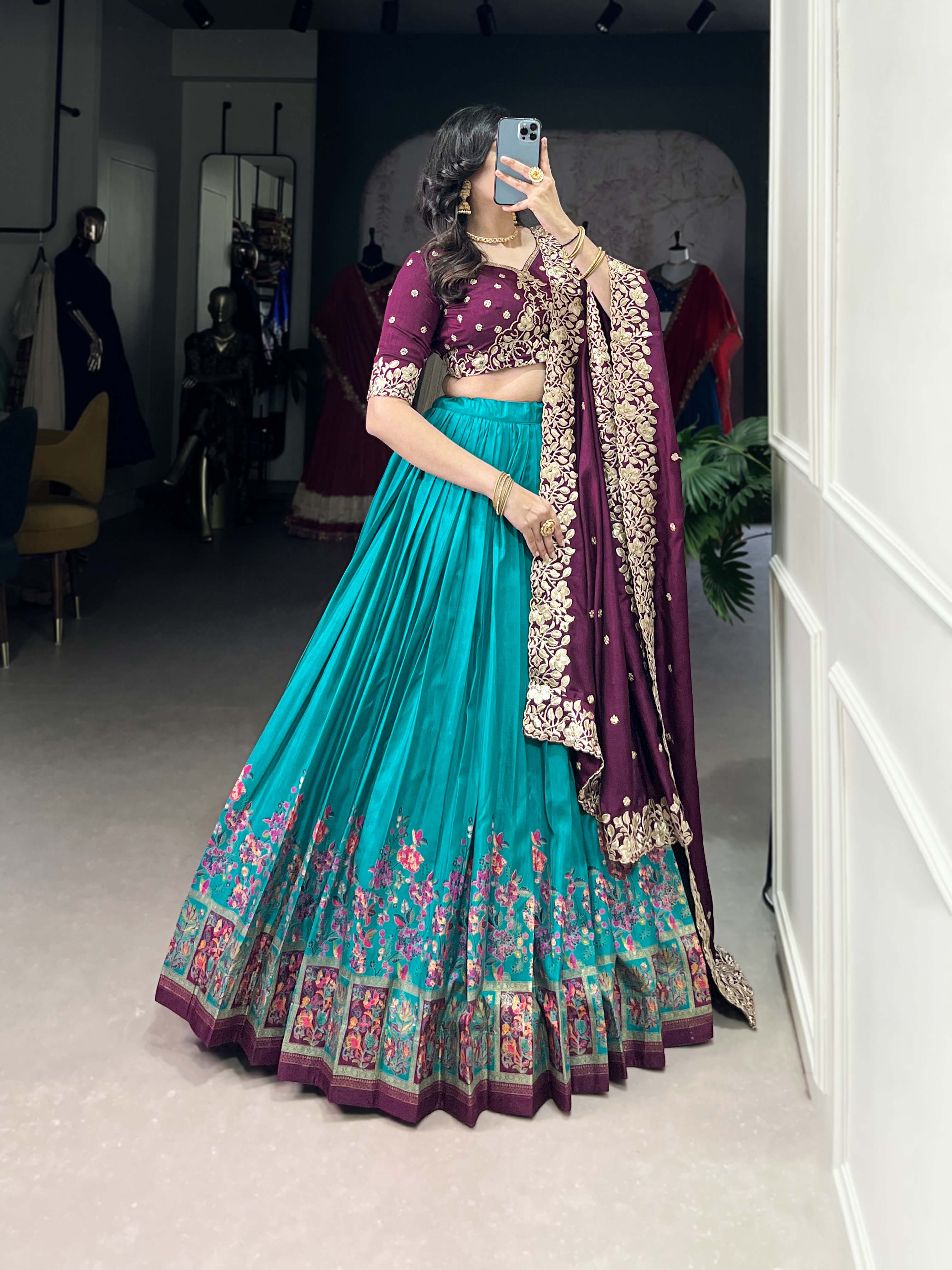 DESIGNER TUSSAR SILK PRINTED LEHENGA SET WITH EMBROIDERED BLOUSE AND DUPATTA