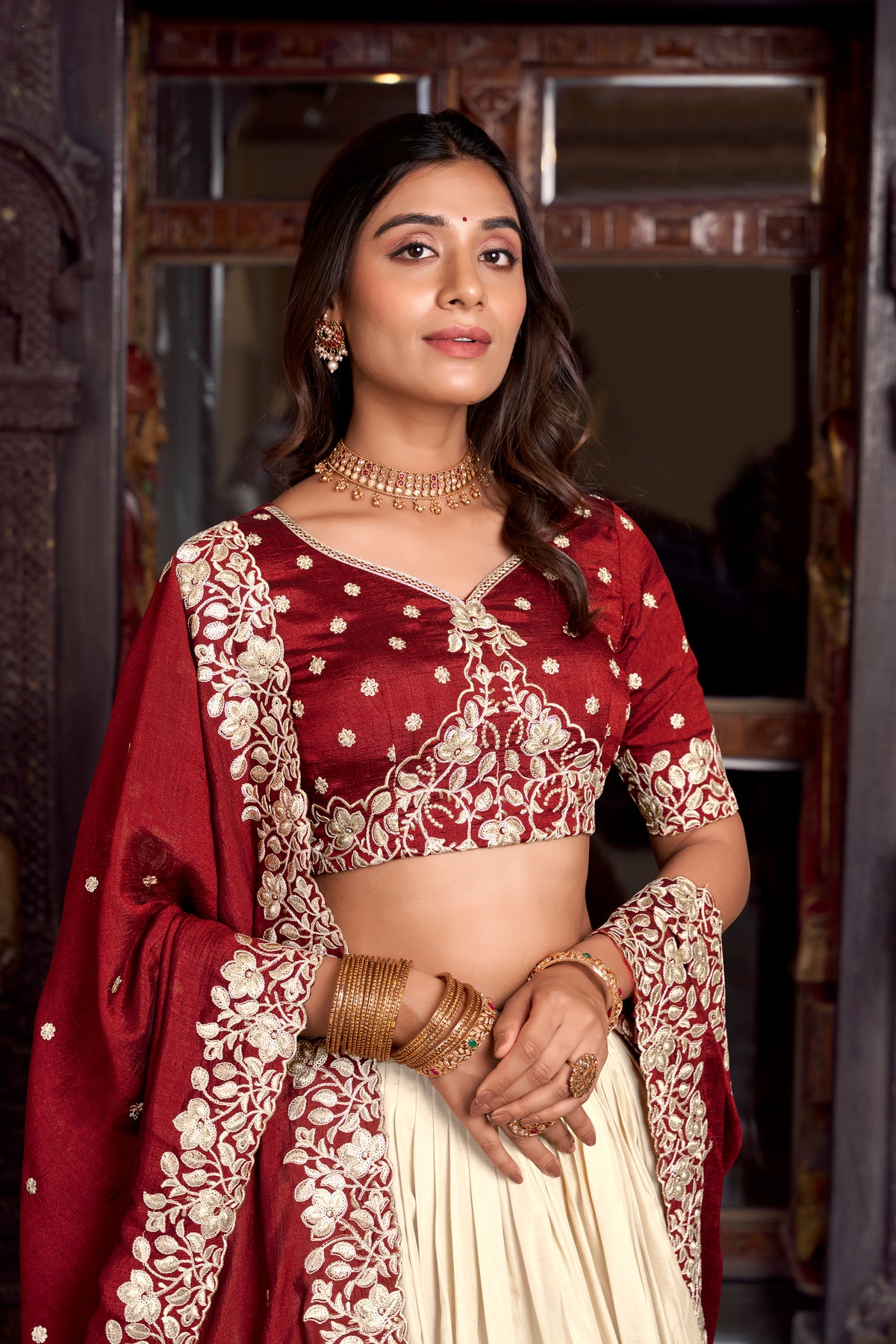 Off White Color Tussar Silk Printed And Foil Work Lehenga Choli