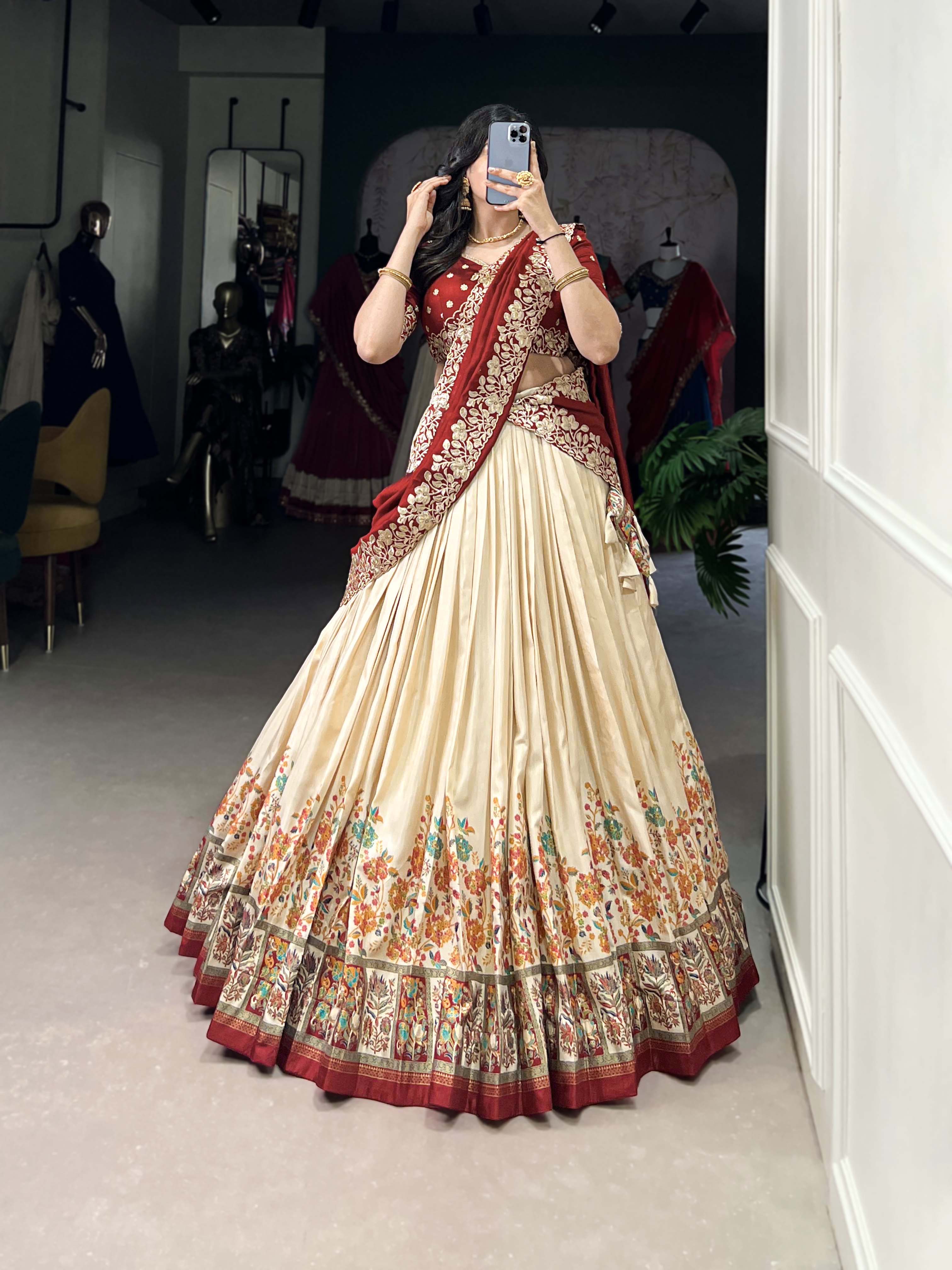 DESIGNER TUSSAR SILK PRINTED LEHENGA SET WITH EMBROIDERED BLOUSE AND DUPATTA