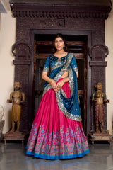 Pink Color Tussar Silk Printed And Foil Work Lehenga Choli