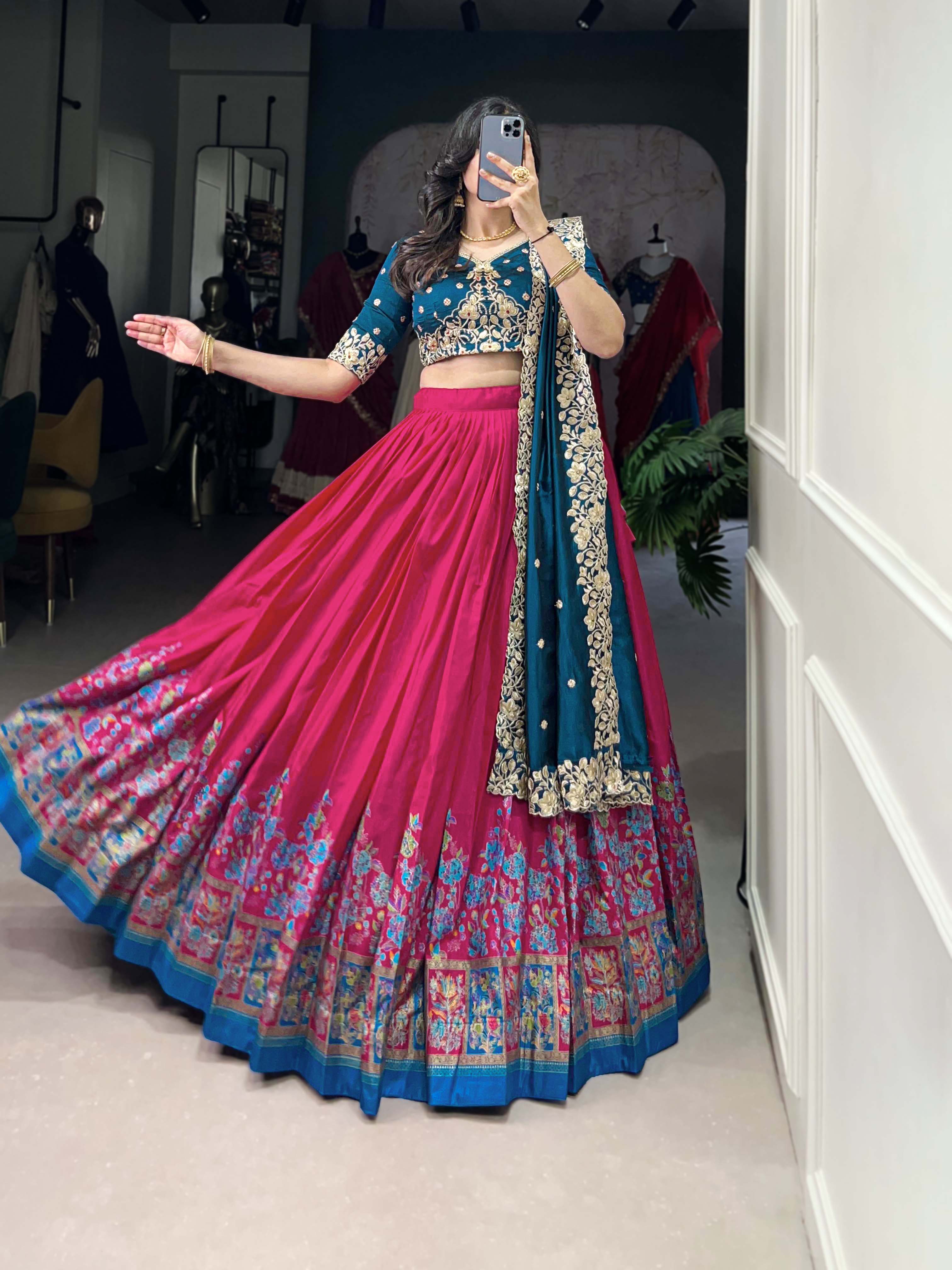 DESIGNER TUSSAR SILK PRINTED LEHENGA SET WITH EMBROIDERED BLOUSE AND DUPATTA