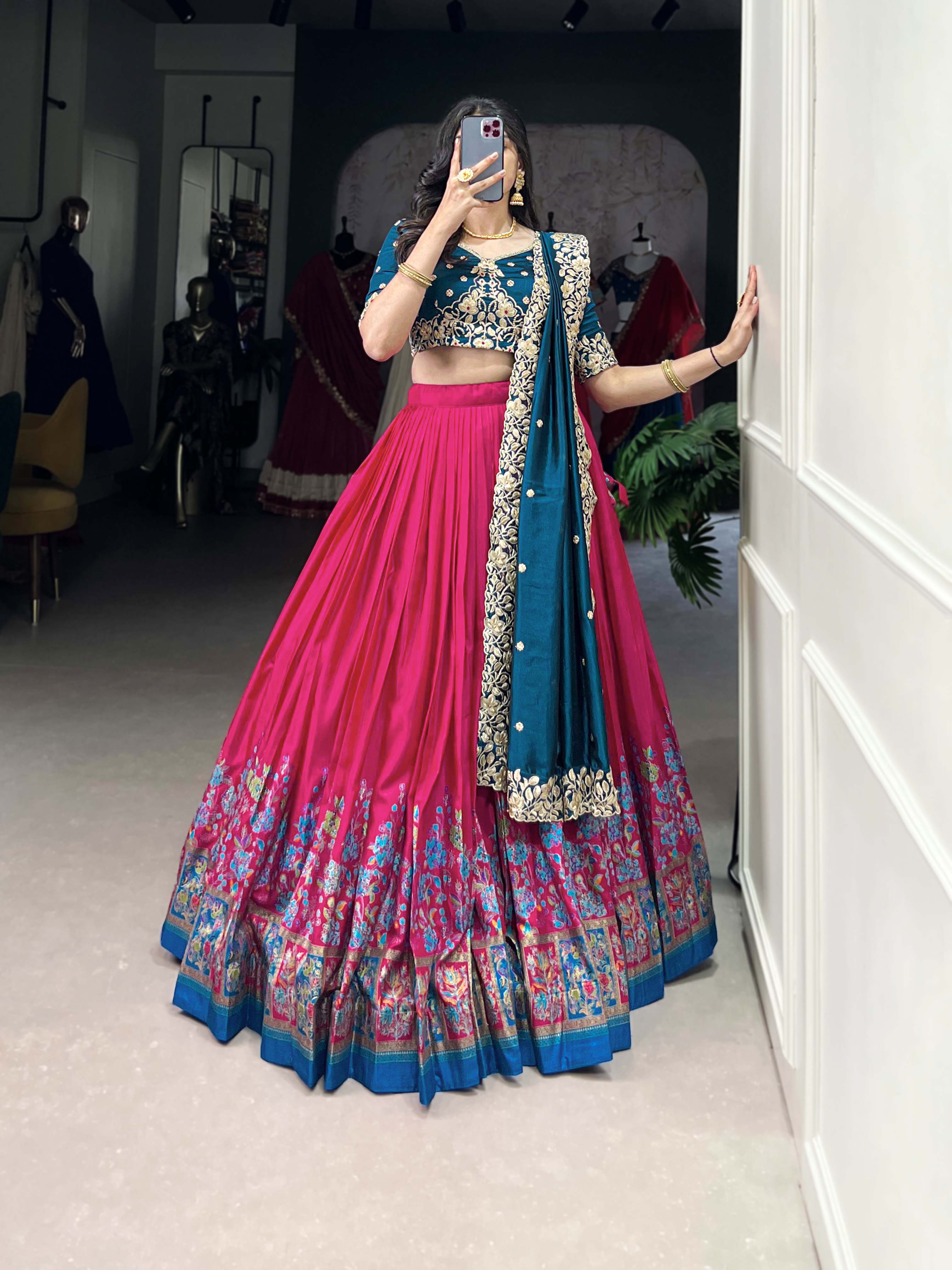 DESIGNER TUSSAR SILK PRINTED LEHENGA SET WITH EMBROIDERED BLOUSE AND DUPATTA