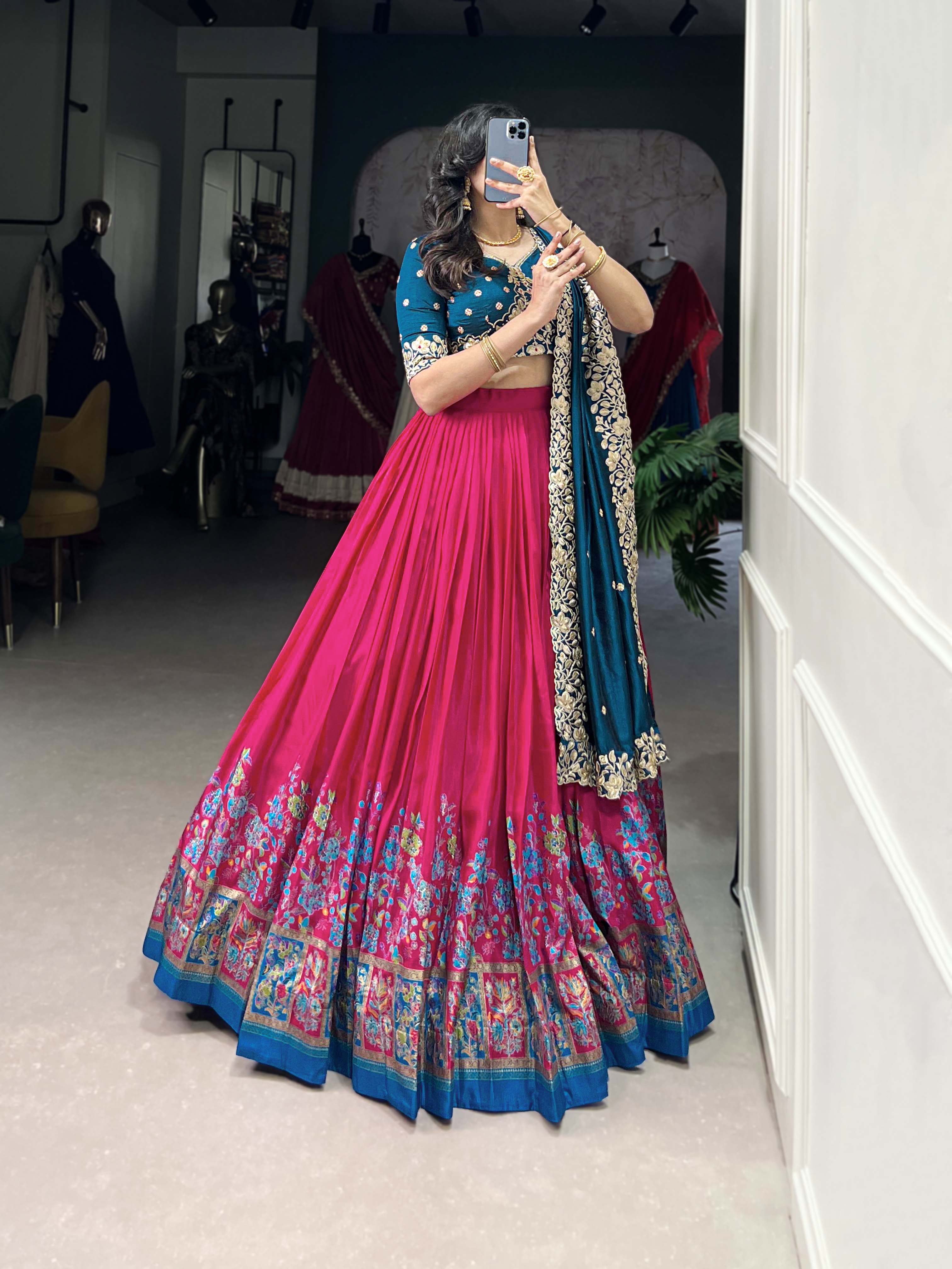 DESIGNER TUSSAR SILK PRINTED LEHENGA SET WITH EMBROIDERED BLOUSE AND DUPATTA