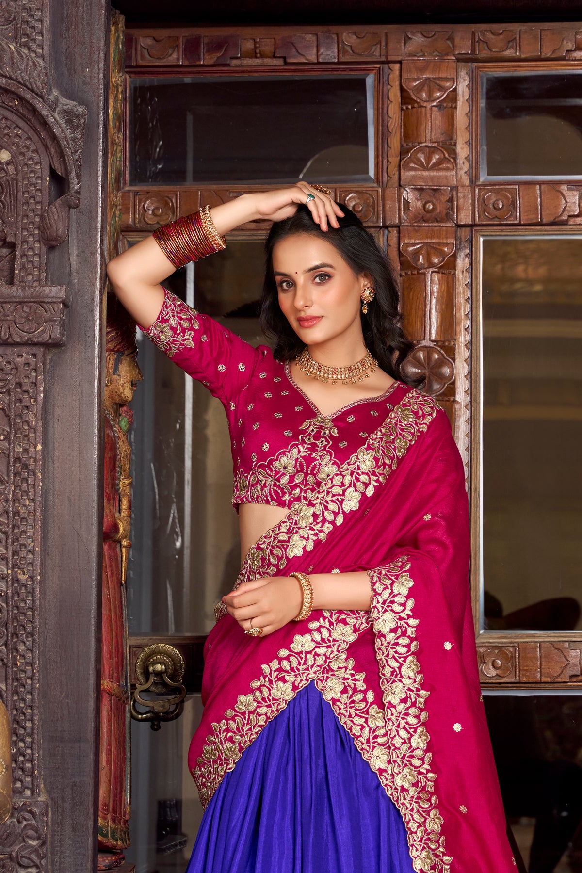 Royal Blue Color Printed With Foil Work Tussar Silk Lehenga Choli