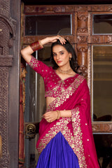Royal Blue Color Printed With Foil Work Tussar Silk Lehenga Choli