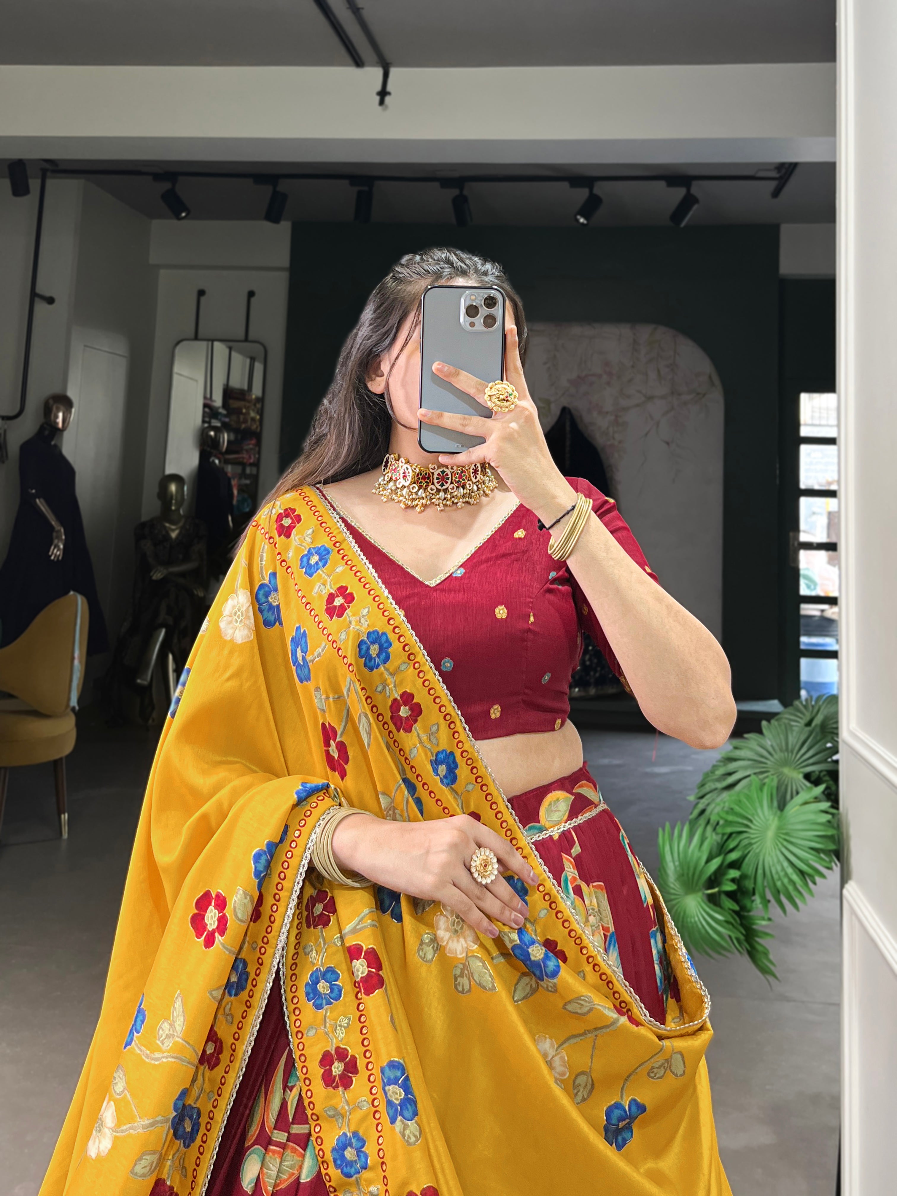 Tussar Silk Lehenga With Foil Work & Gotta Patti Dupatta