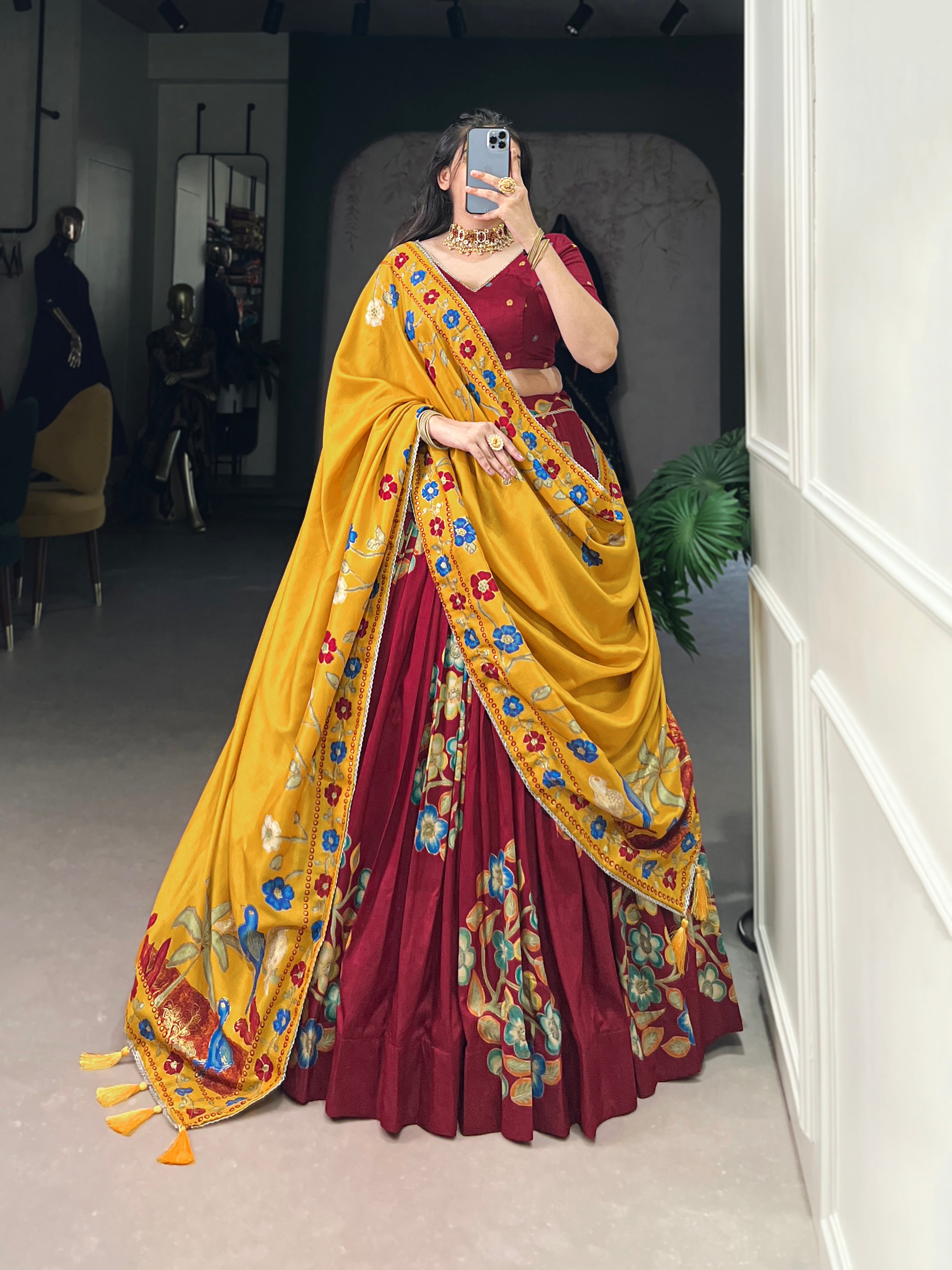 Tussar Silk Lehenga With Foil Work & Gotta Patti Dupatta