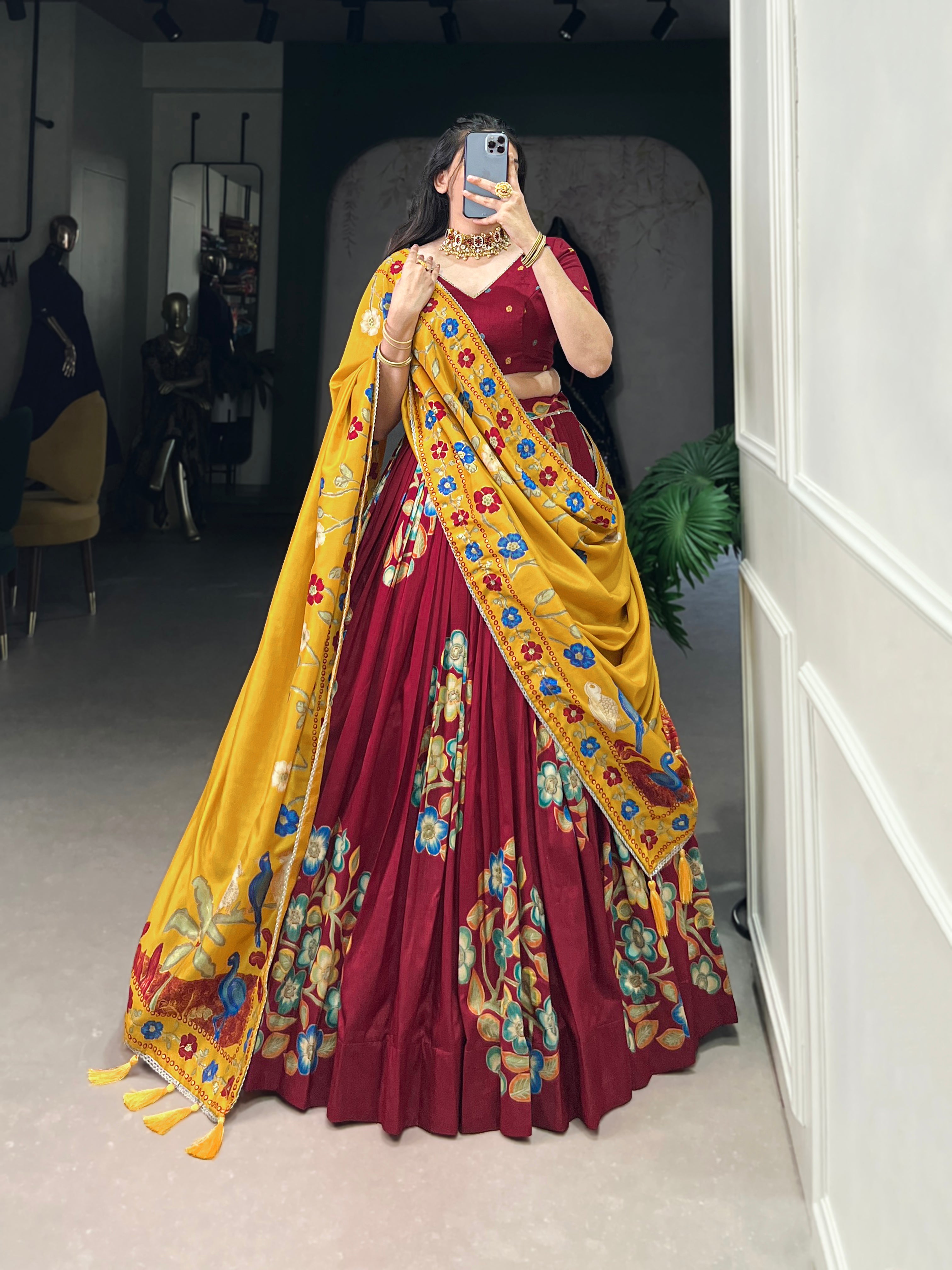 Tussar Silk Lehenga With Foil Work & Gotta Patti Dupatta