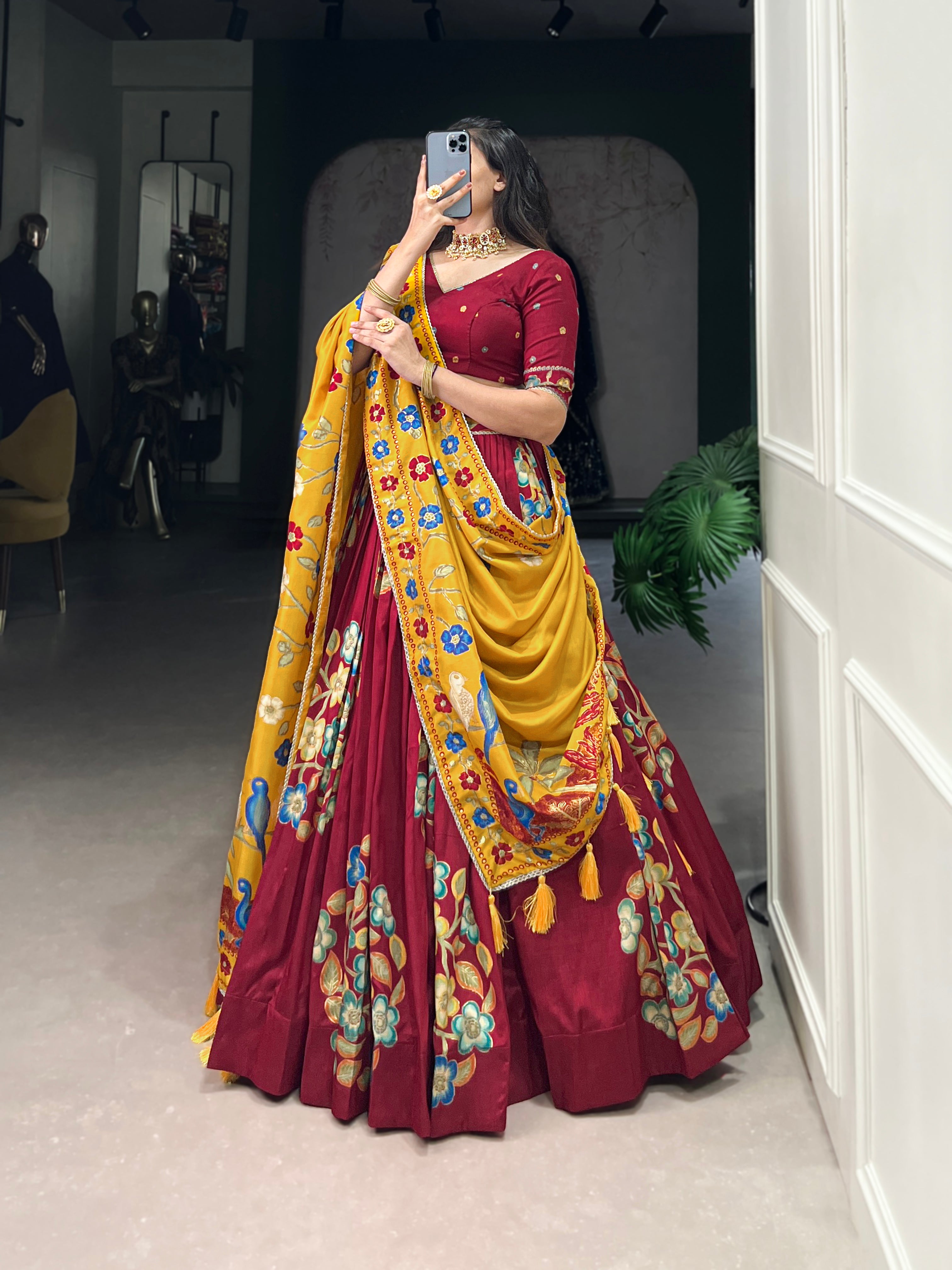 Tussar Silk Lehenga With Foil Work & Gotta Patti Dupatta
