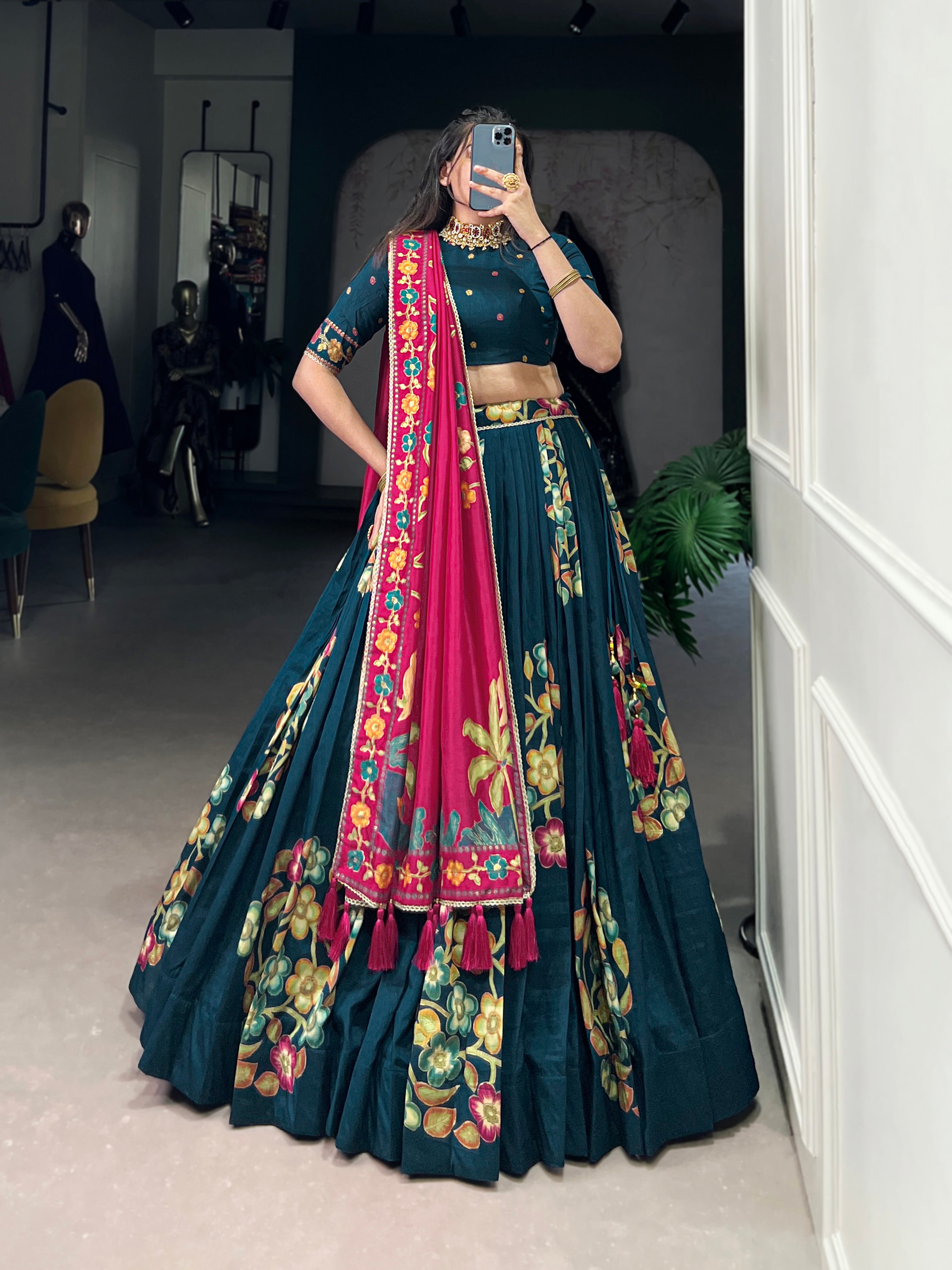 Tussar Silk Lehenga With Foil Work & Gotta Patti Dupatta