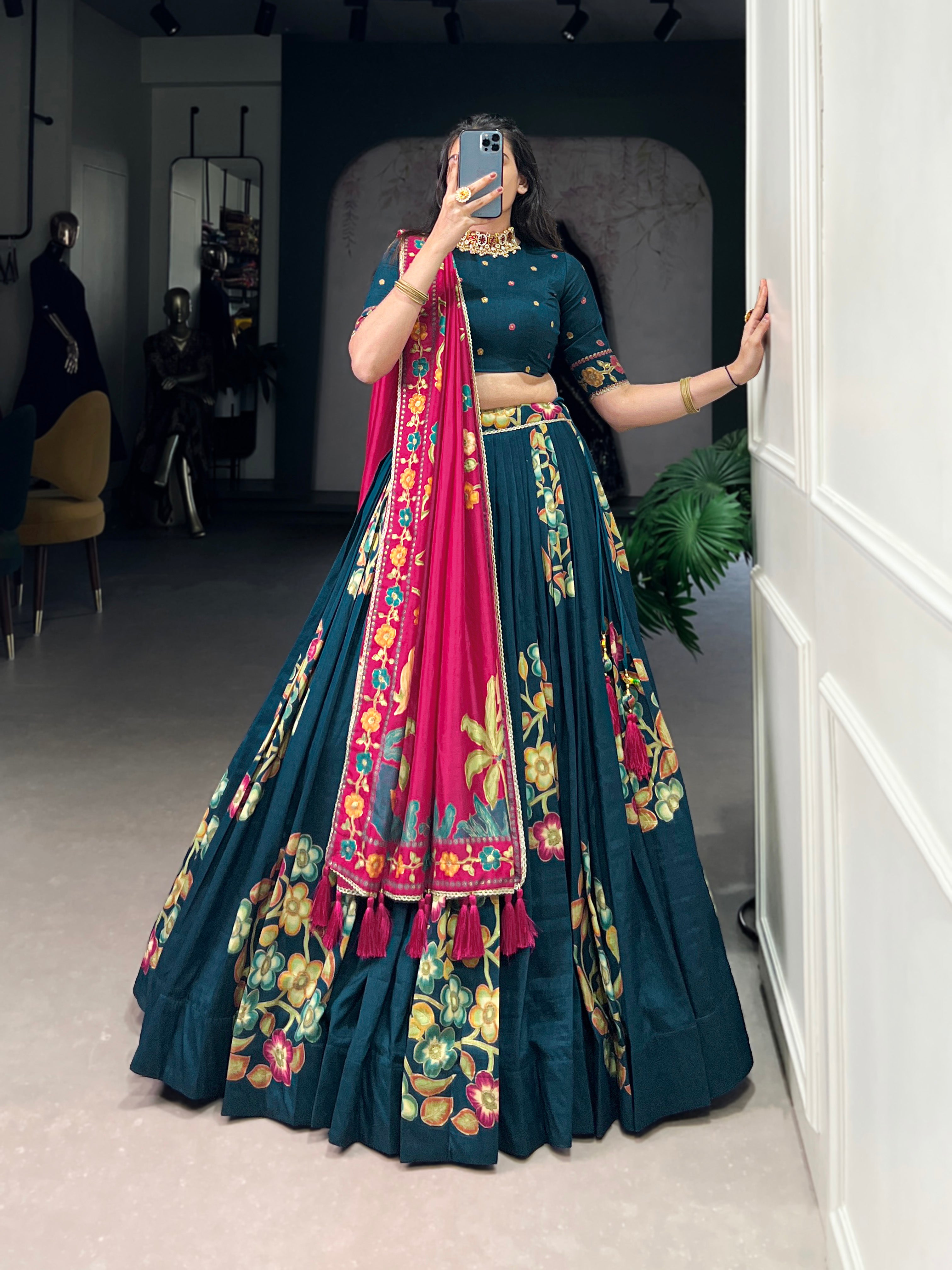 Tussar Silk Lehenga With Foil Work & Gotta Patti Dupatta