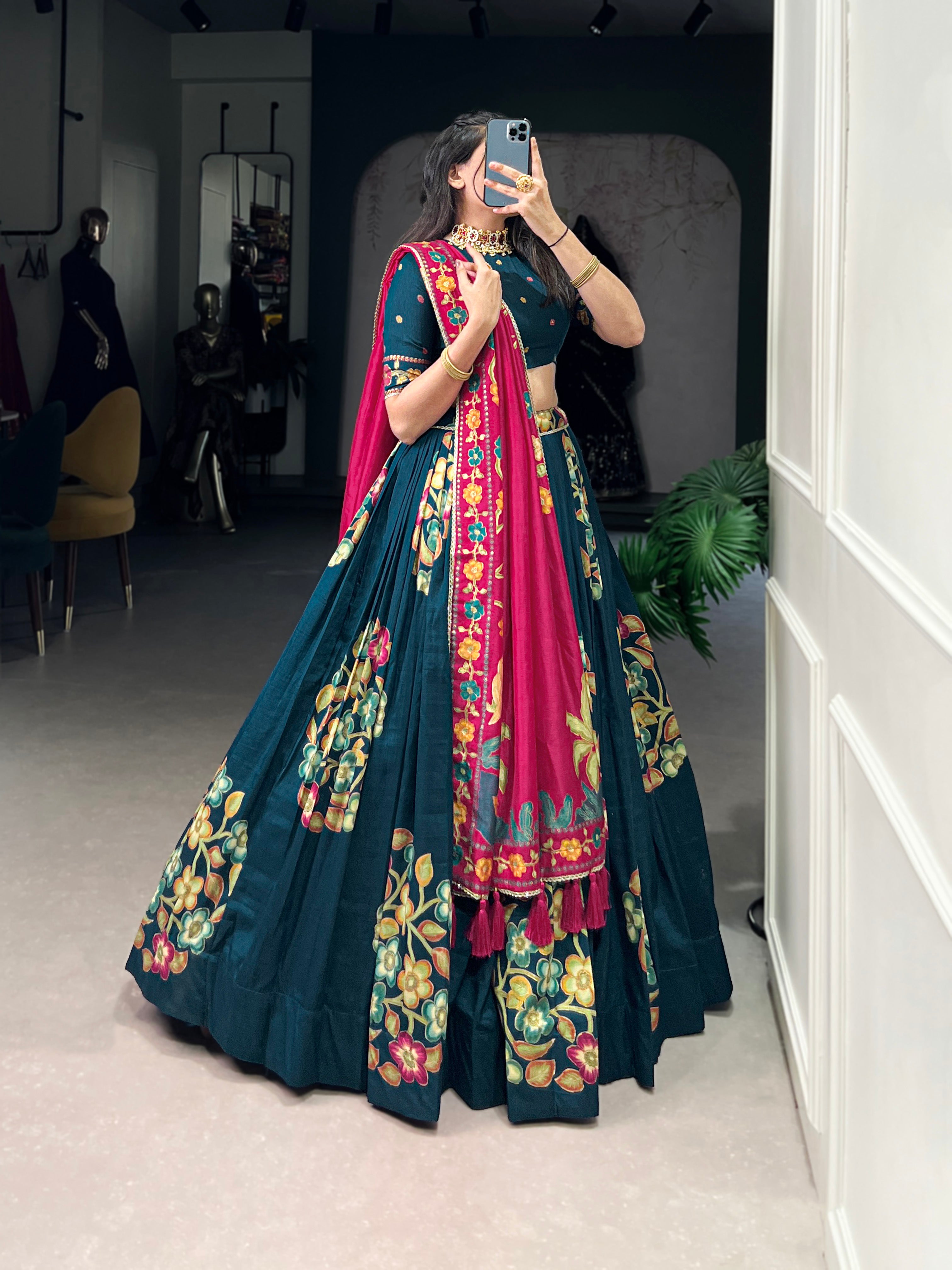 Tussar Silk Lehenga With Foil Work & Gotta Patti Dupatta
