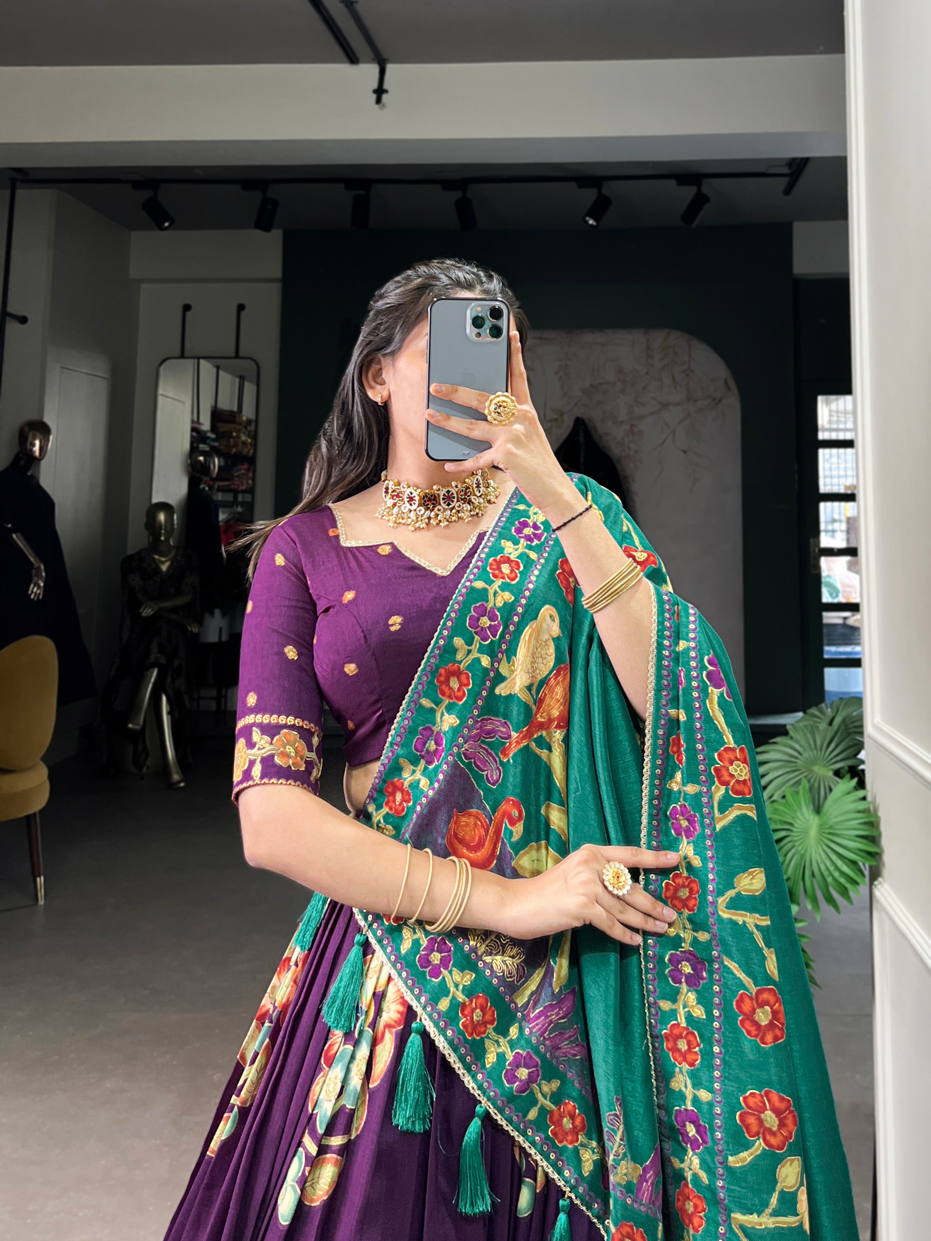 Tussar Silk Lehenga With Foil Work & Gotta Patti Dupatta