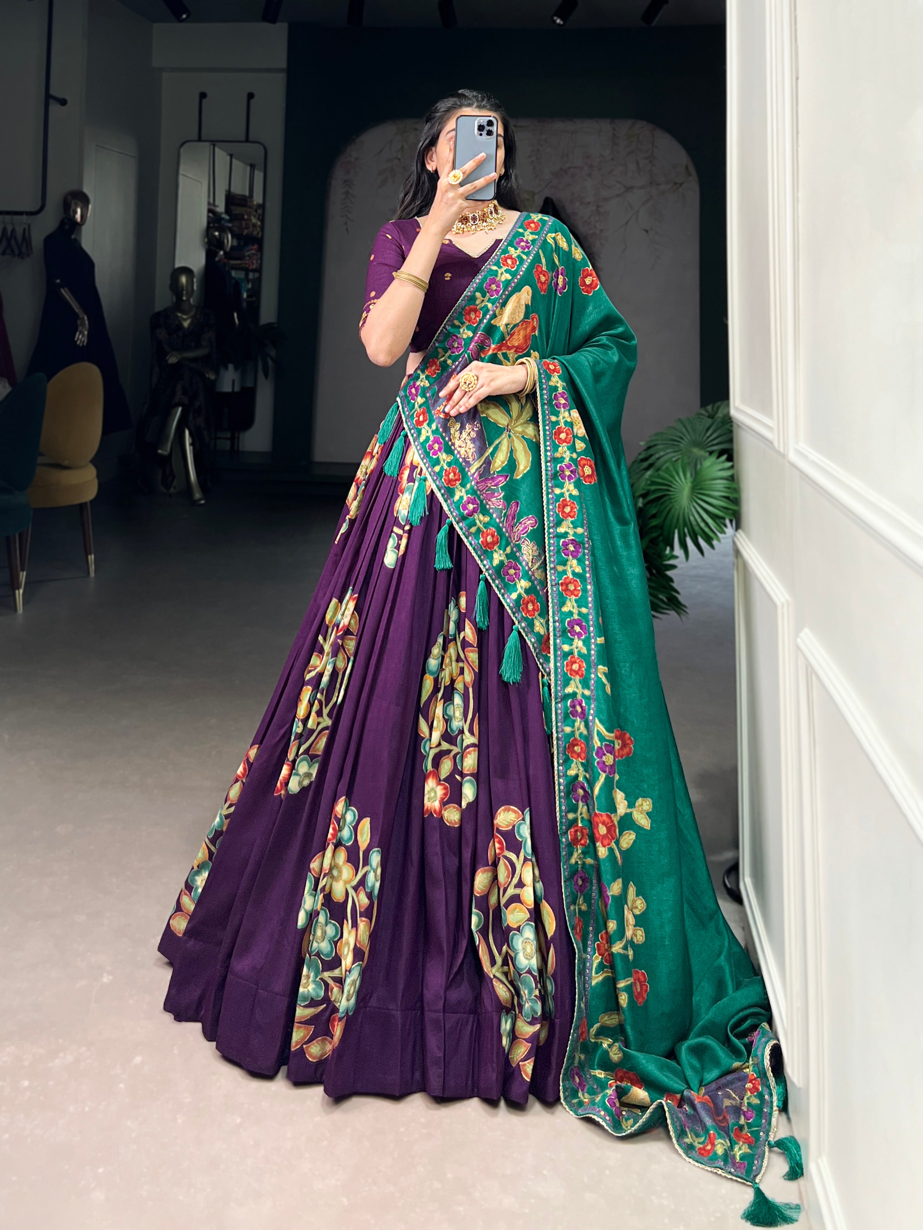 Tussar Silk Lehenga With Foil Work & Gotta Patti Dupatta