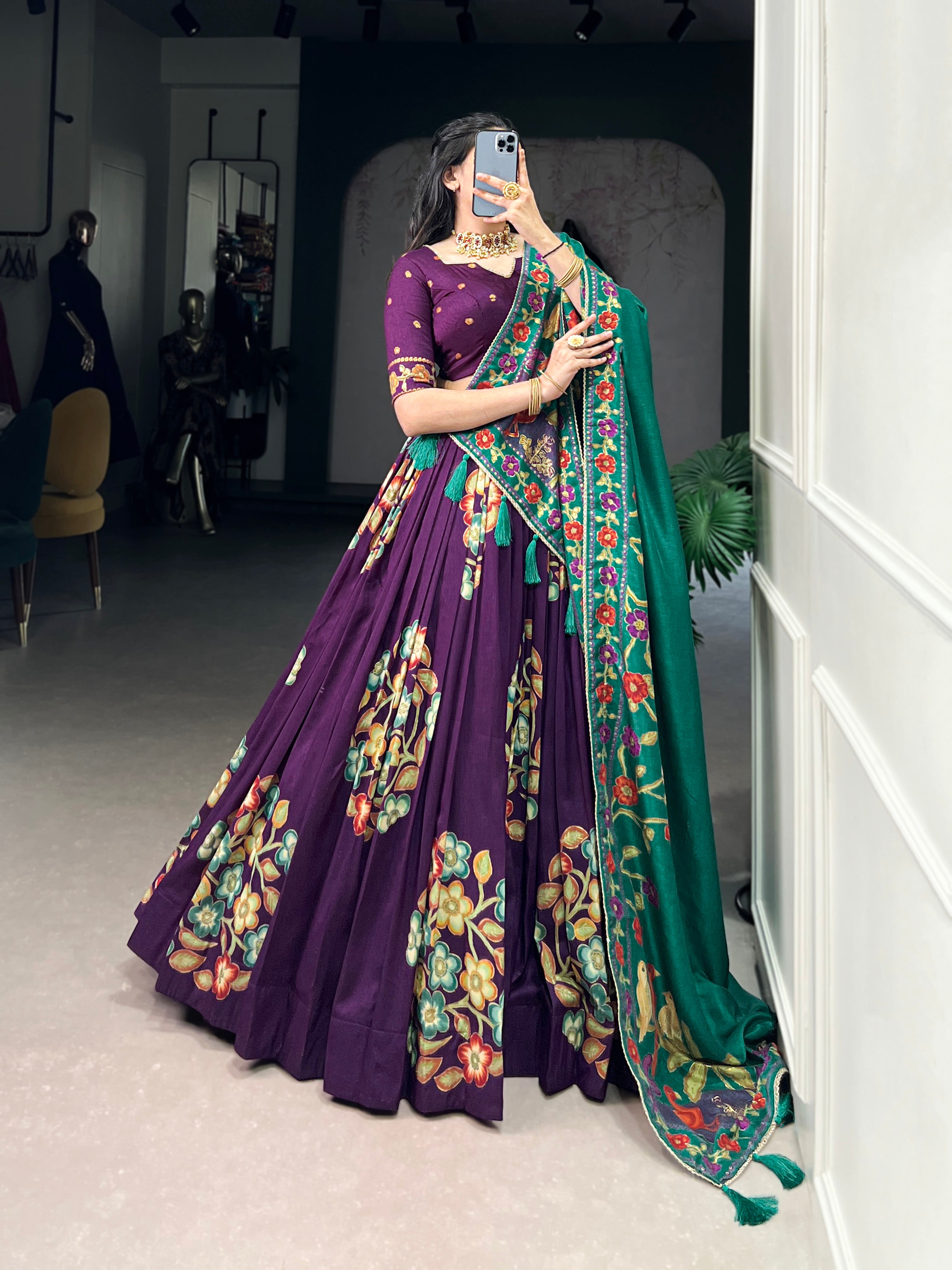 Tussar Silk Lehenga With Foil Work & Gotta Patti Dupatta