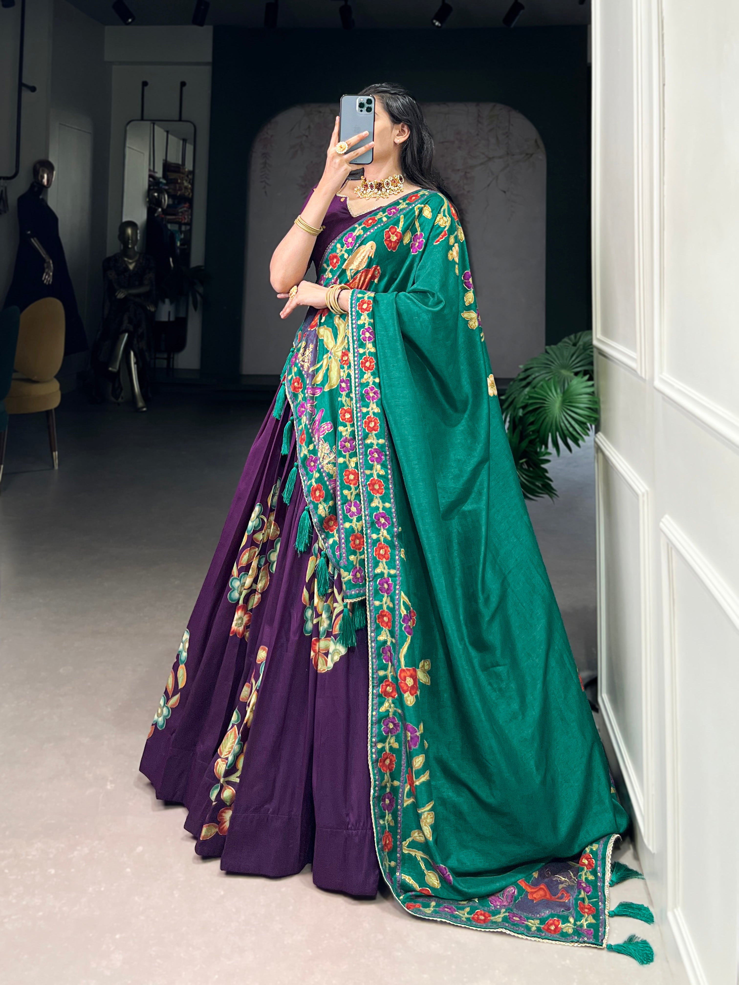 Tussar Silk Lehenga With Foil Work & Gotta Patti Dupatta