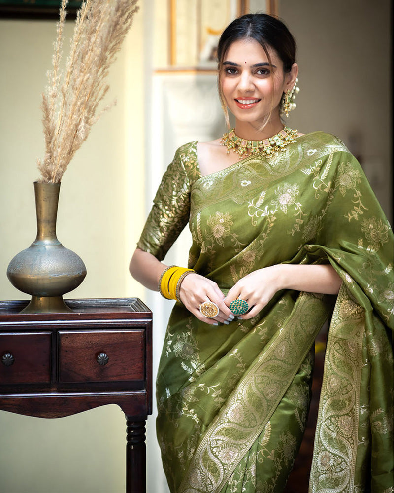 NEMESIS MEHNDI SOFT SILK SAREE WITH SERENDIPITY BLOUSE PIECE