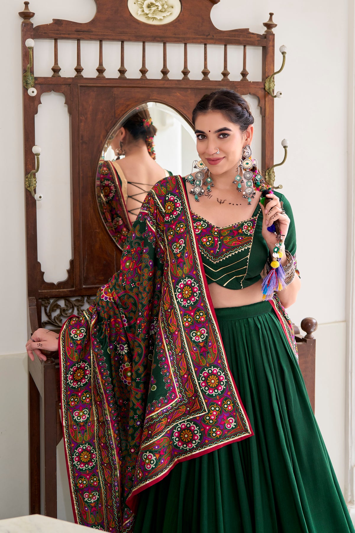 Designer Ready To Wear Gamthi Print Embossed Lehenga Choli For Garba JOBANIYU (જોબનિયું)