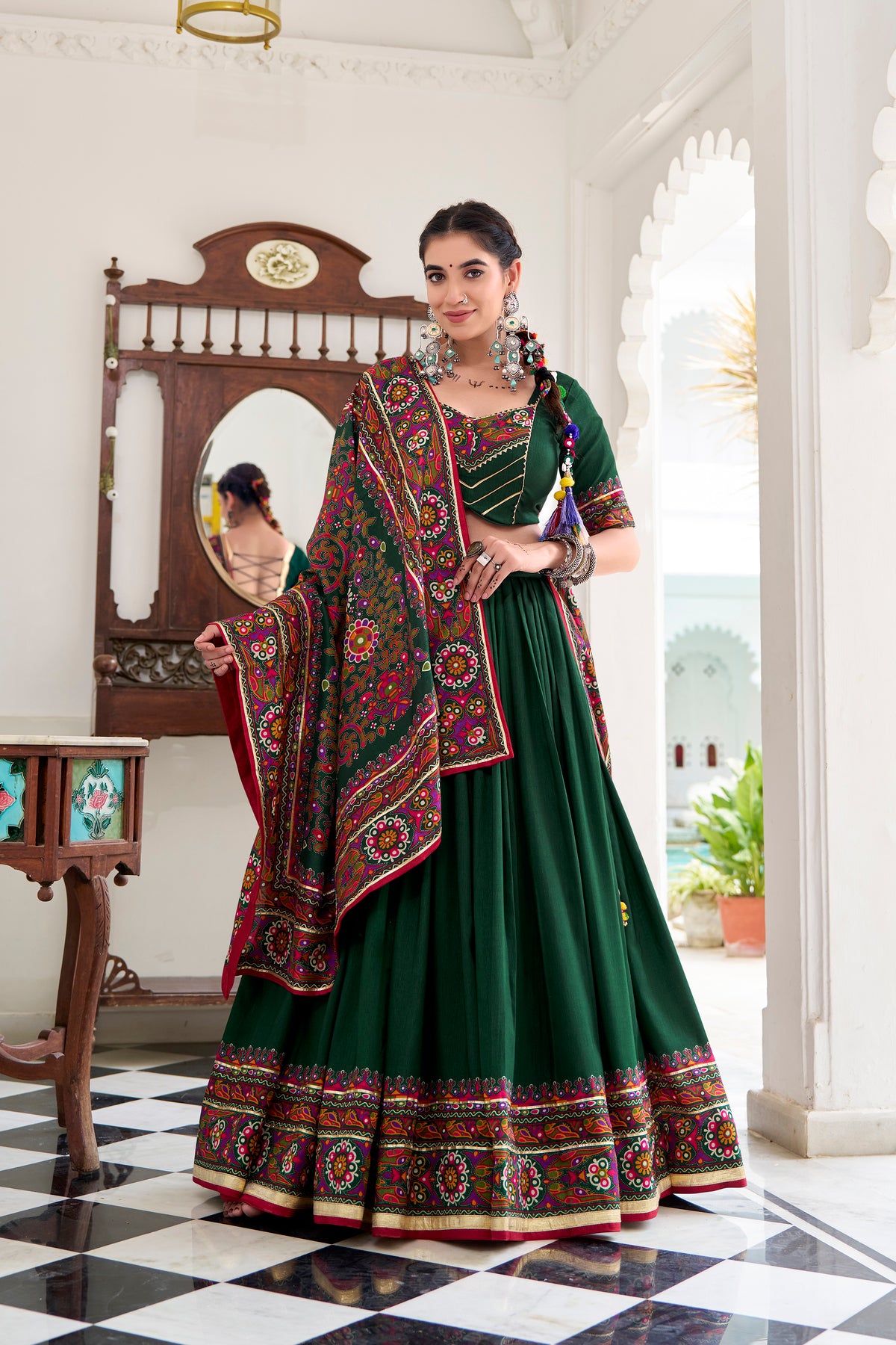 Designer Ready To Wear Gamthi Print Embossed Lehenga Choli For Garba JOBANIYU (જોબનિયું)