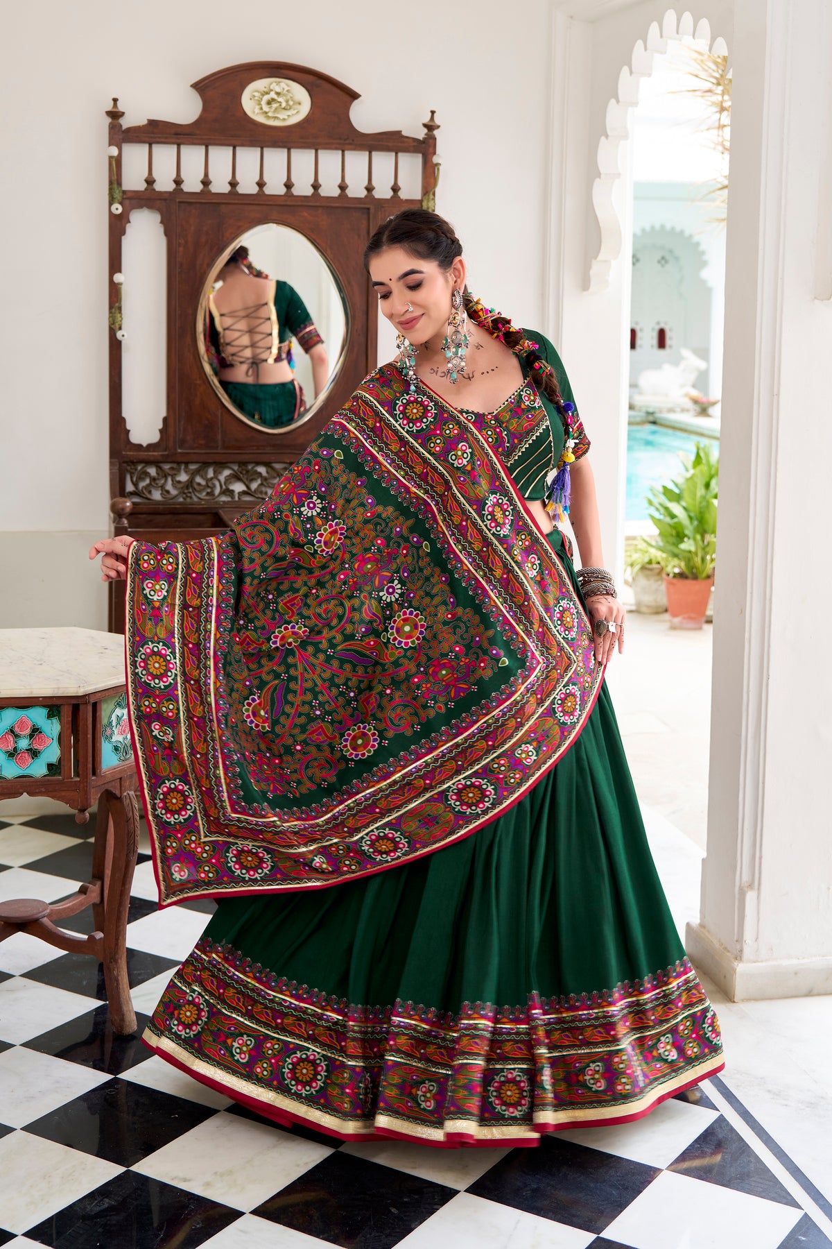 Designer Ready To Wear Gamthi Print Embossed Lehenga Choli For Garba JOBANIYU (જોબનિયું)