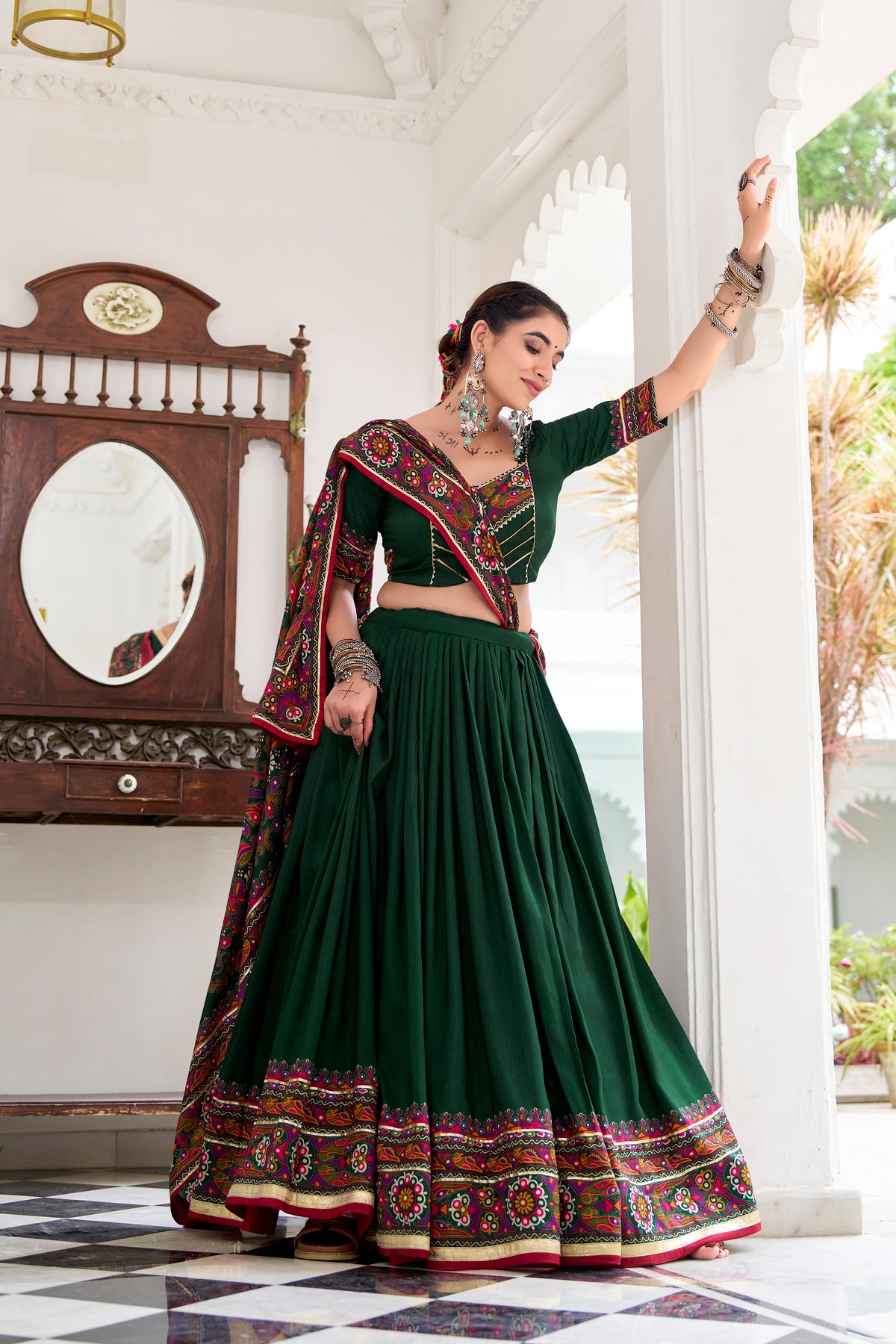 Designer Ready To Wear Gamthi Print Embossed Lehenga Choli For Garba JOBANIYU (જોબનિયું)