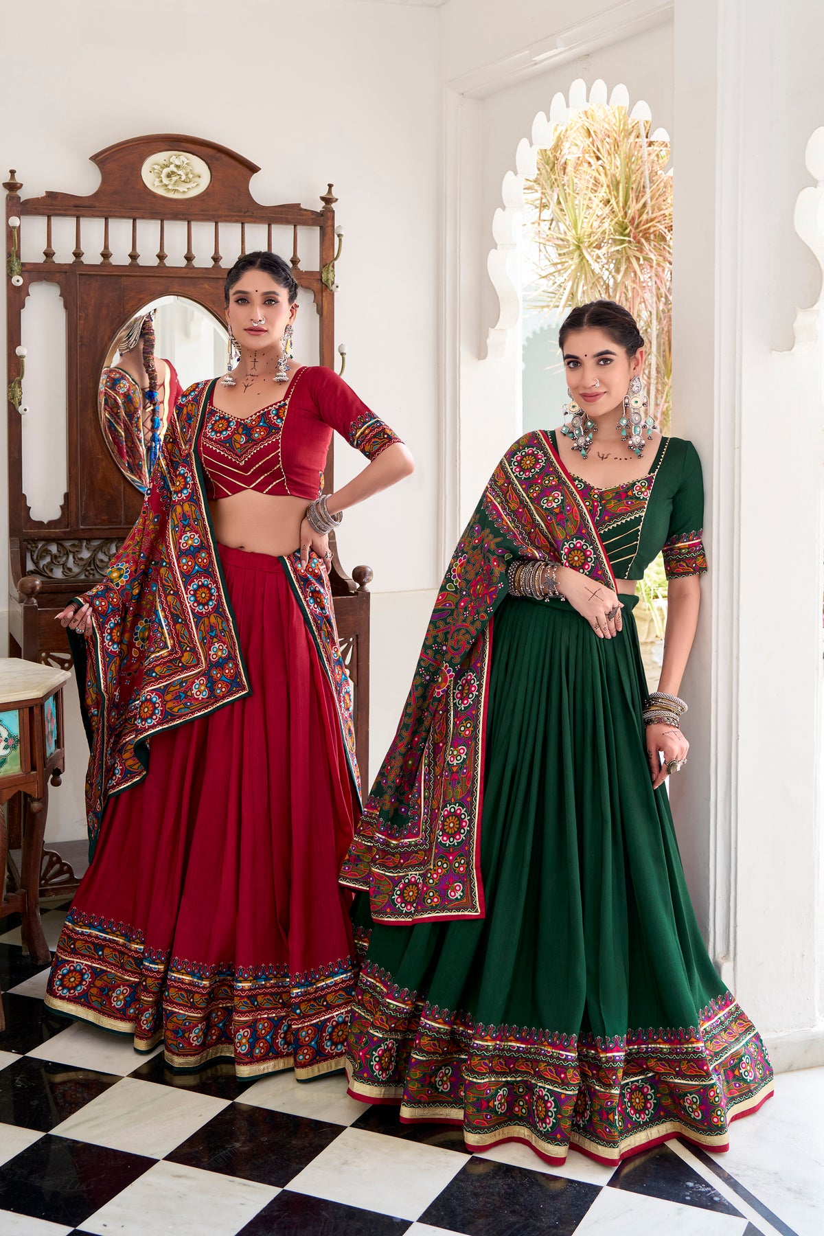 Designer Ready To Wear Gamthi Print Embossed Lehenga Choli For Garba JOBANIYU (જોબનિયું)
