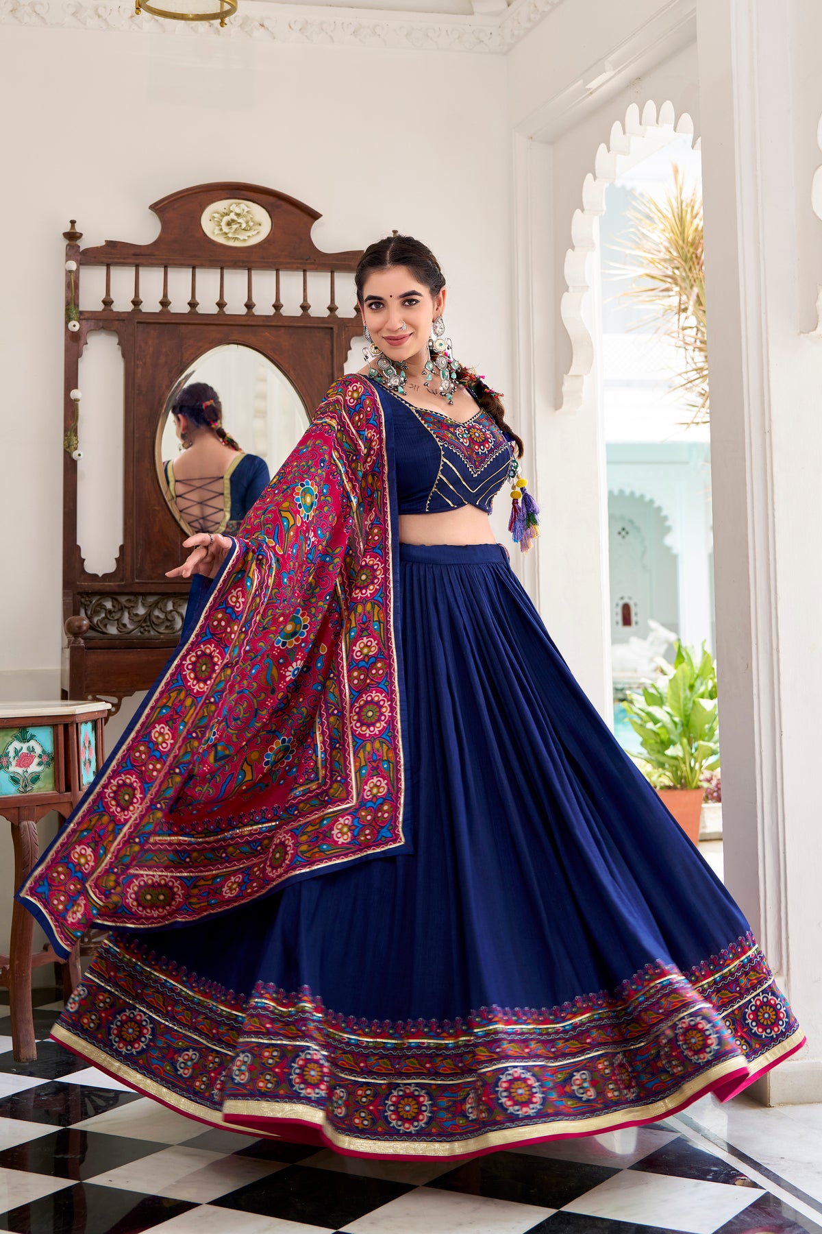 Designer Ready To Wear Gamthi Print Embossed Lehenga Choli For Garba JOBANIYU (જોબનિયું)