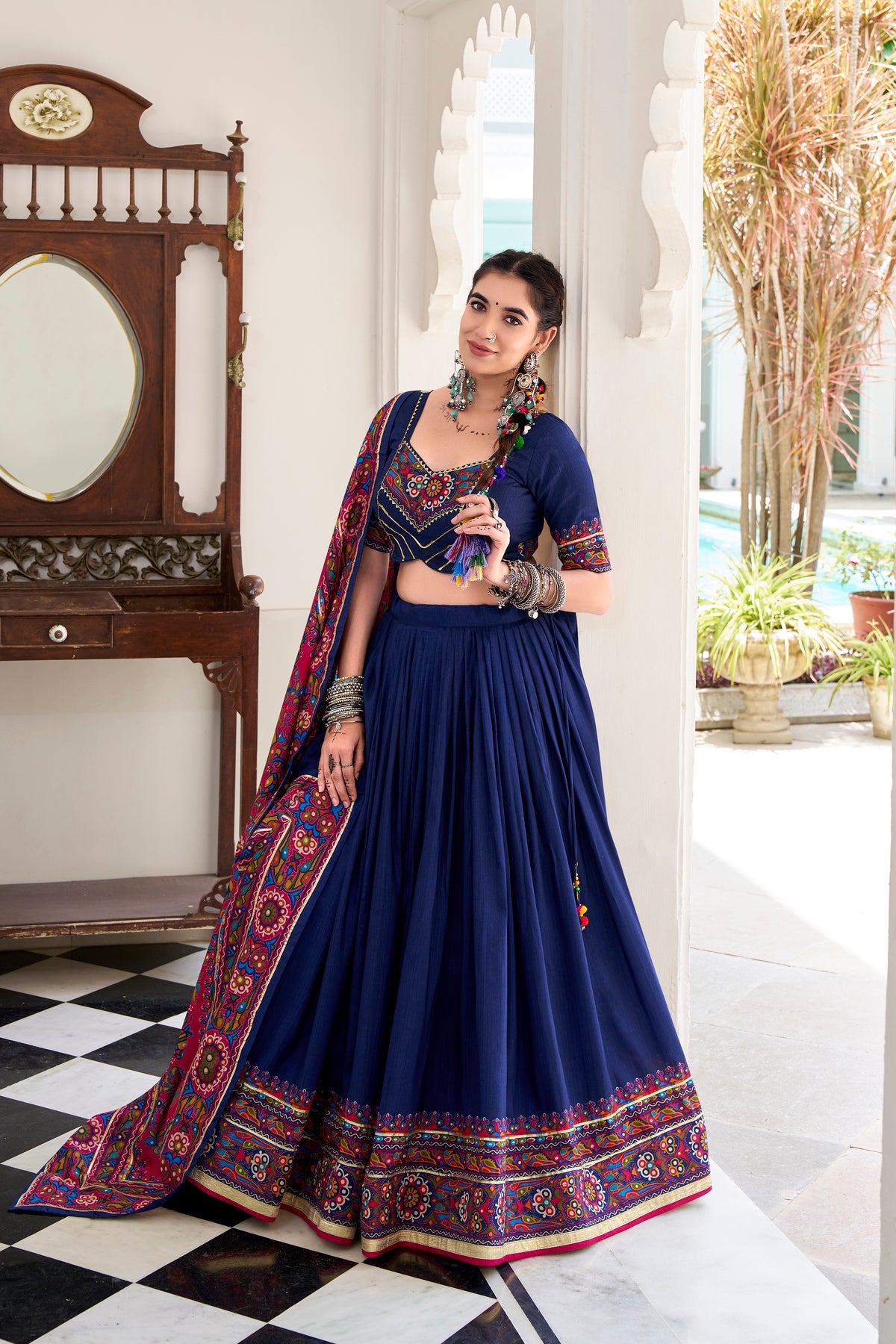 Designer Ready To Wear Gamthi Print Embossed Lehenga Choli For Garba JOBANIYU (જોબનિયું)