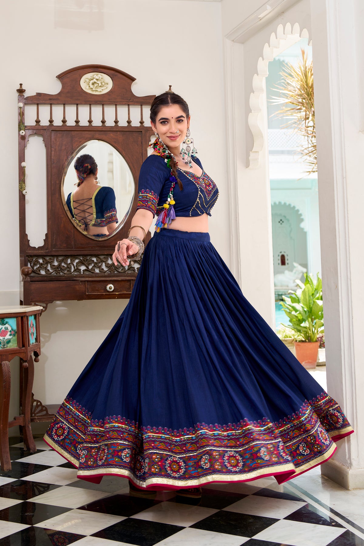 Designer Ready To Wear Gamthi Print Embossed Lehenga Choli For Garba JOBANIYU (જોબનિયું)