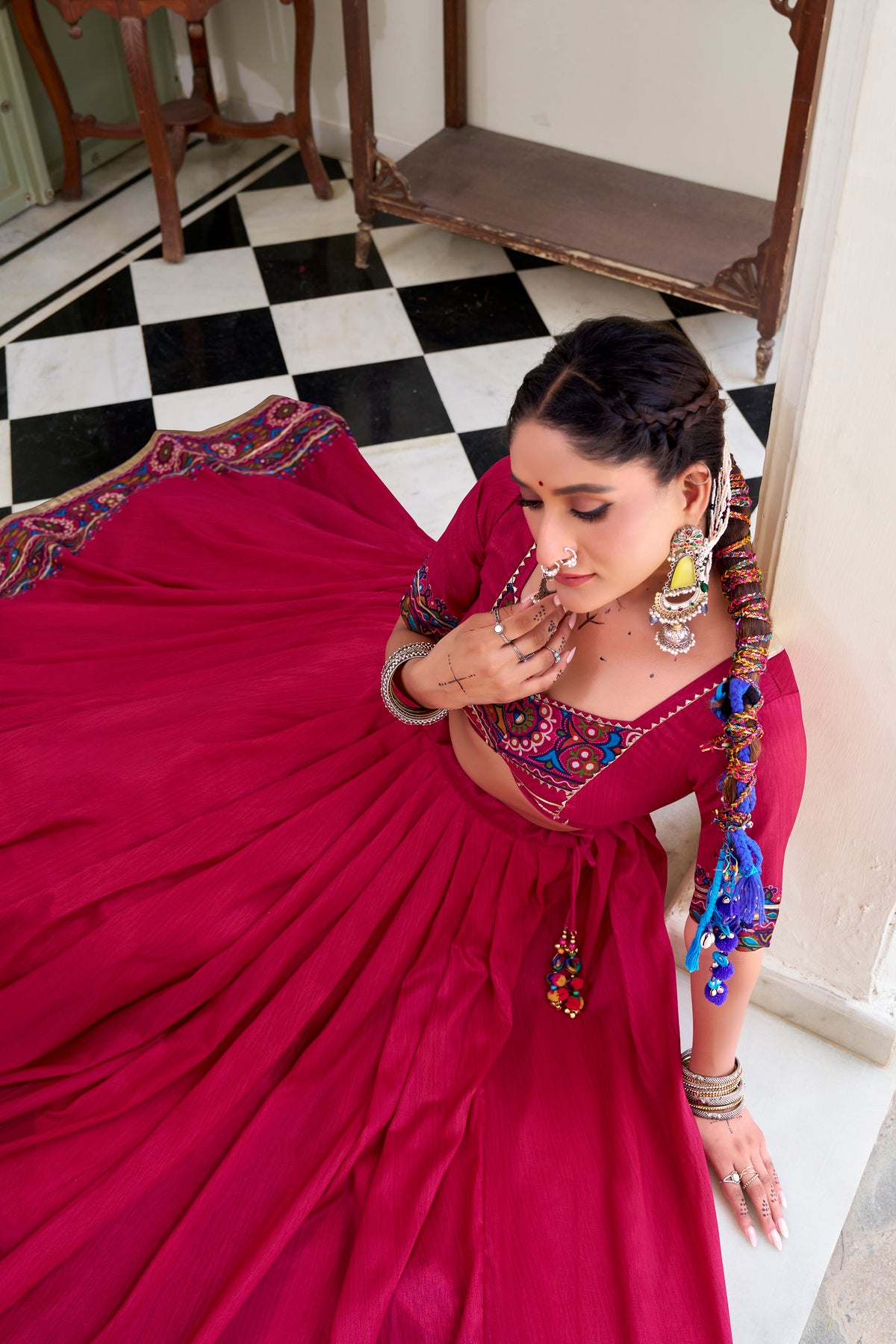 Designer Ready To Wear Gamthi Print Embossed Lehenga Choli For Garba JOBANIYU (જોબનિયું)