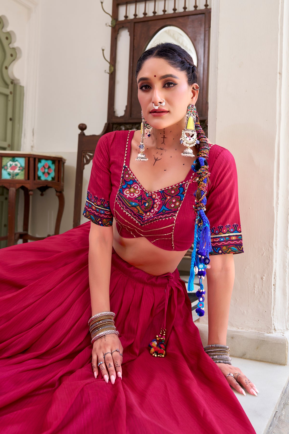 Designer Ready To Wear Gamthi Print Embossed Lehenga Choli For Garba JOBANIYU (જોબનિયું)