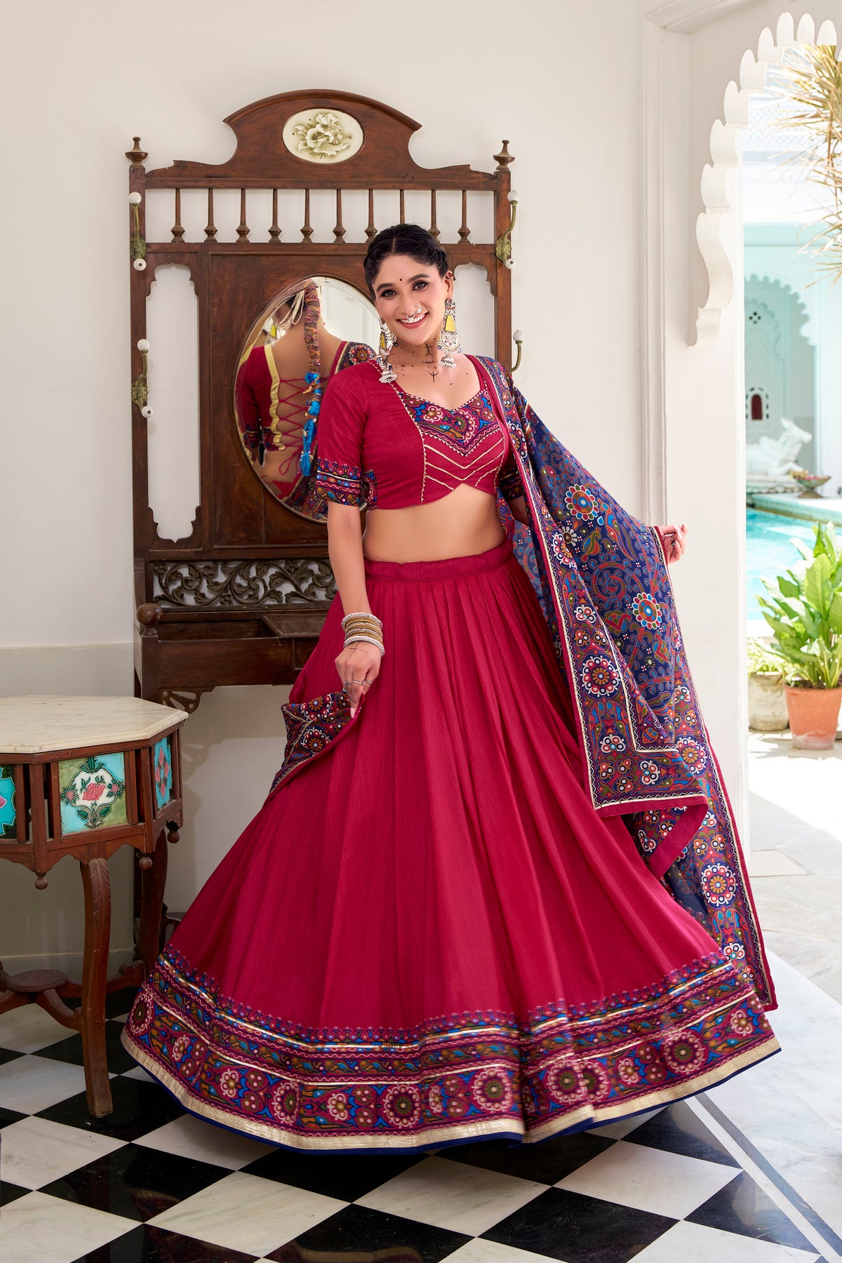 Designer Ready To Wear Gamthi Print Embossed Lehenga Choli For Garba JOBANIYU (જોબનિયું)