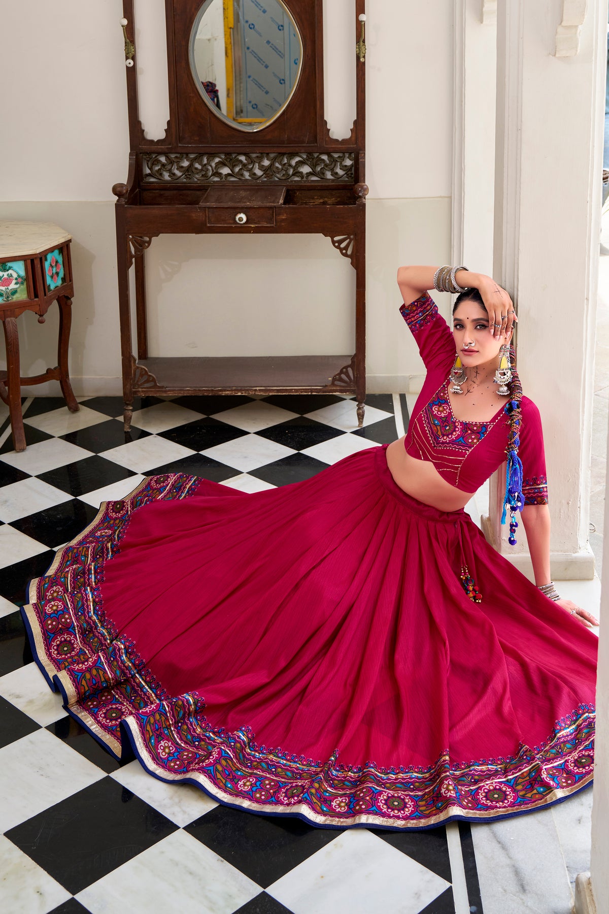 Designer Ready To Wear Gamthi Print Embossed Lehenga Choli For Garba JOBANIYU (જોબનિયું)