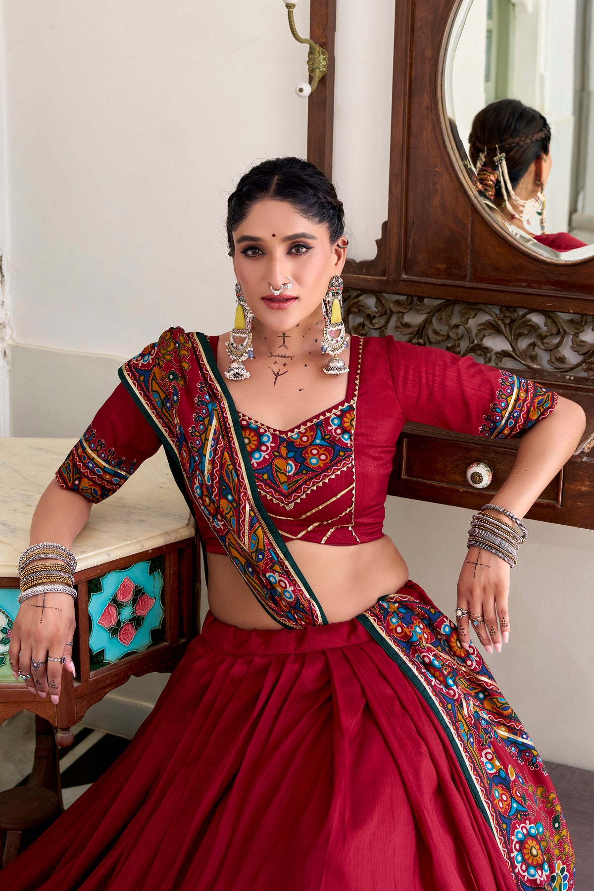 Designer Ready To Wear Gamthi Print Embossed Lehenga Choli For Garba JOBANIYU (જોબનિયું)