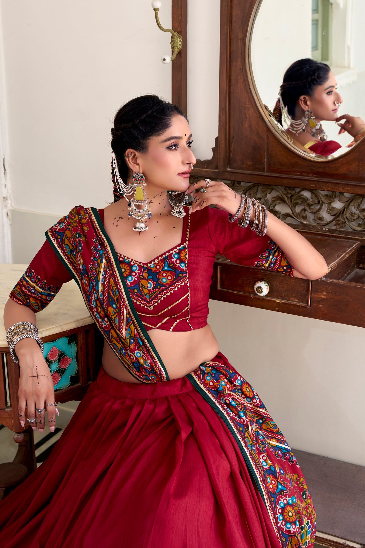 Designer Ready To Wear Gamthi Print Embossed Lehenga Choli For Garba JOBANIYU (જોબનિયું)