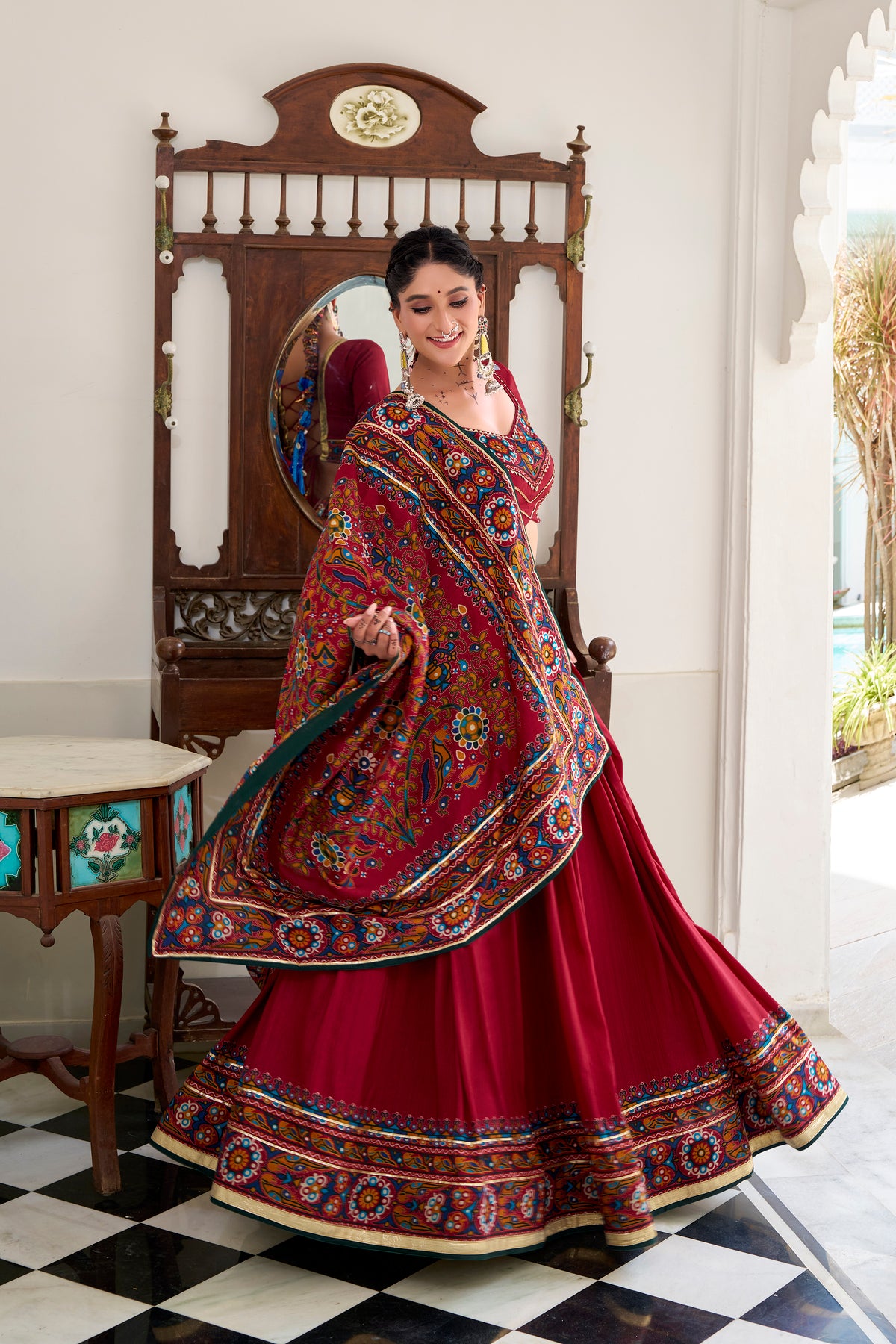 Designer Ready To Wear Gamthi Print Embossed Lehenga Choli For Garba JOBANIYU (જોબનિયું)