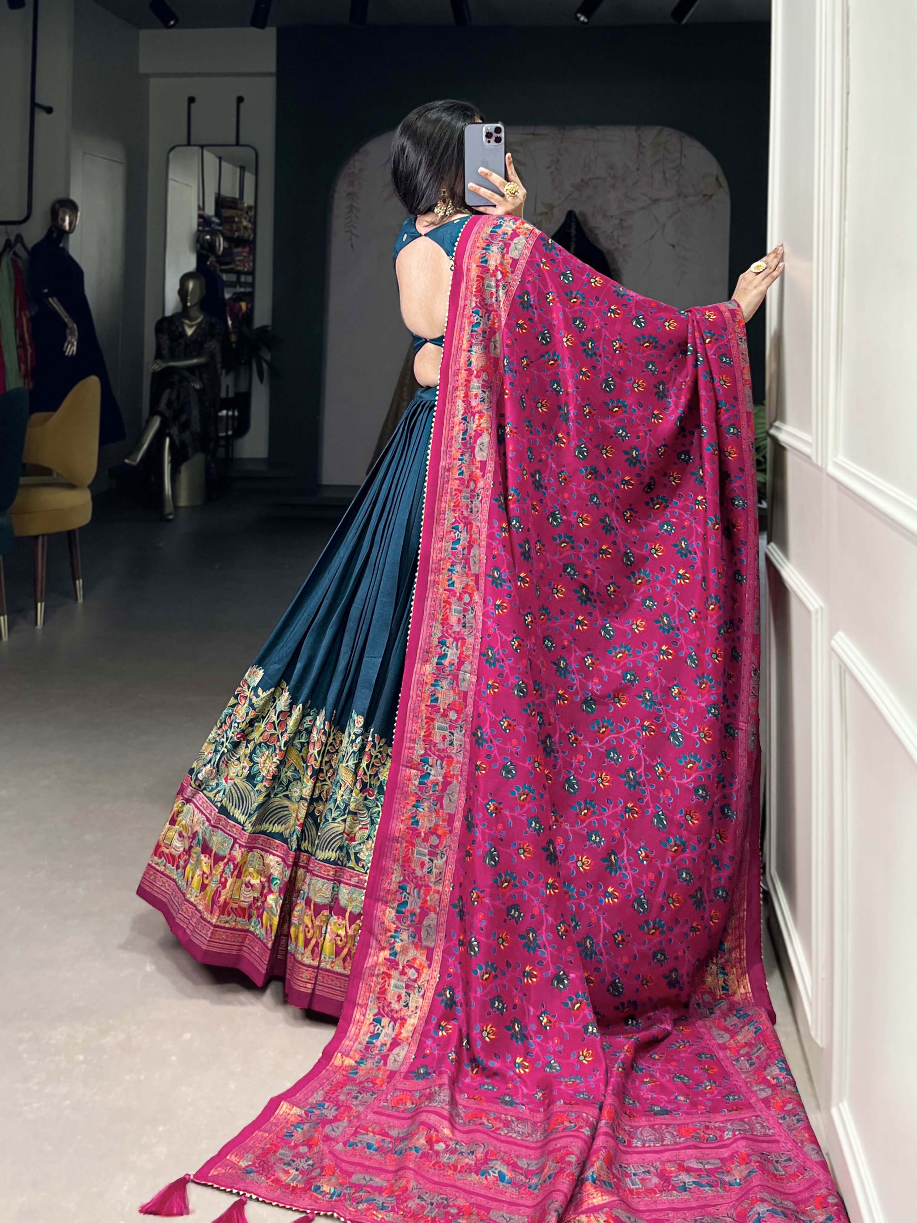 Designer Tussar Silk Lehenga Choli for Navratri | Printed and Foil Work